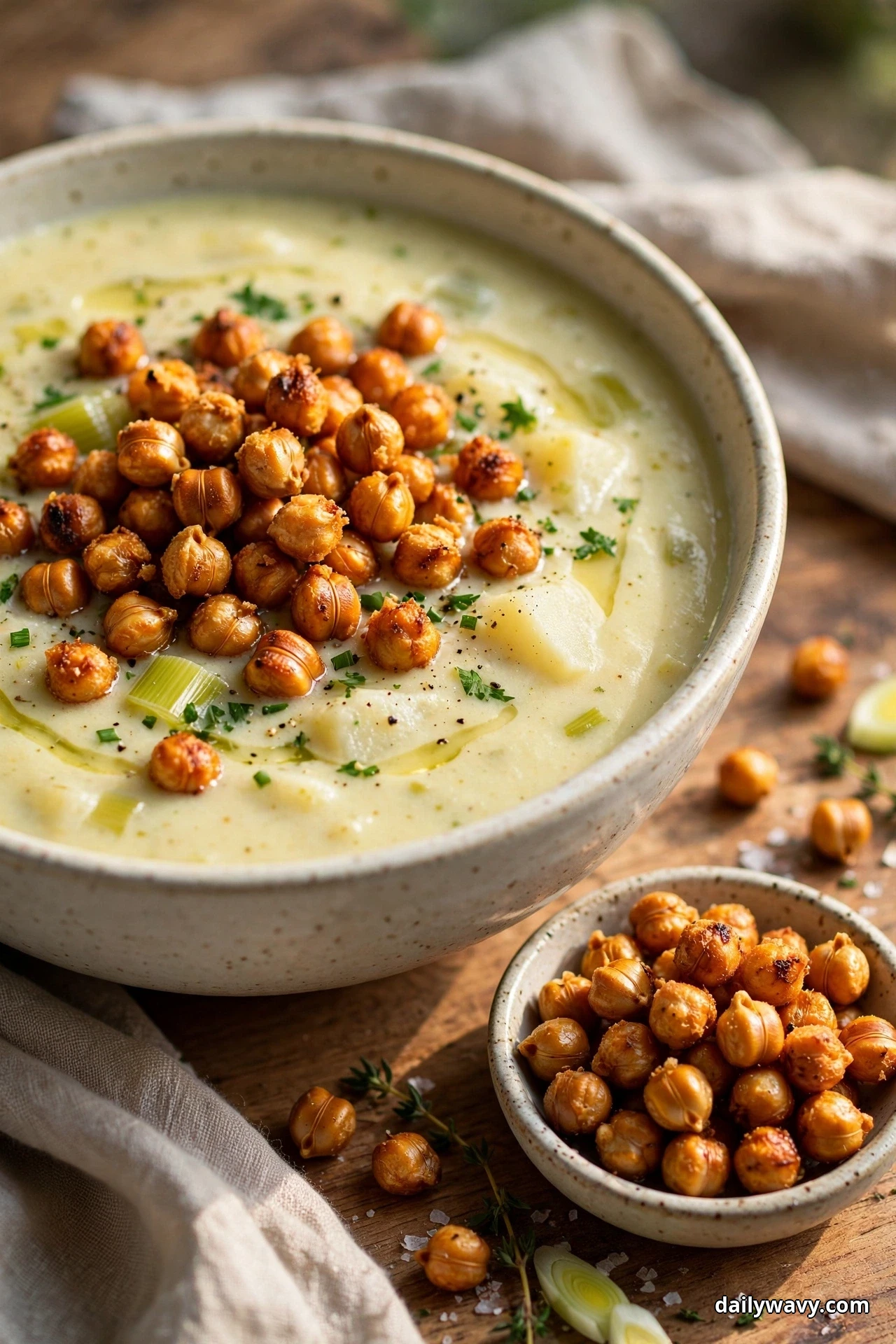 A speckled bowl of leek and potato soup topped with a pile of crispy roasted chickpeas sits on a wooden table beside a small dish of more roasted chickpeas