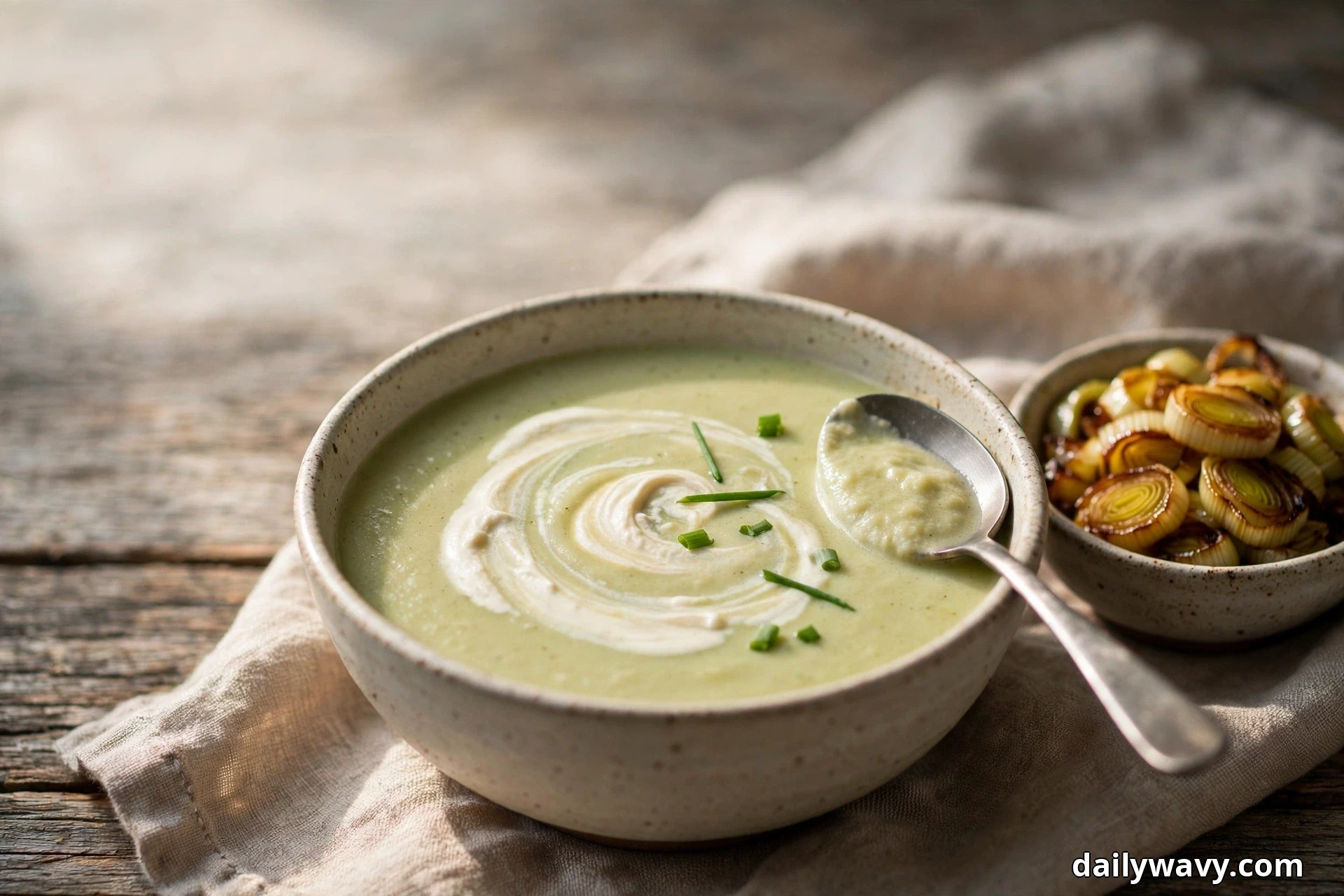 A speckled ceramic bowl of smooth pale leek and potato soup with a white cashew cream swirl and a spoon resting in the bowl sits on linen over a wooden table