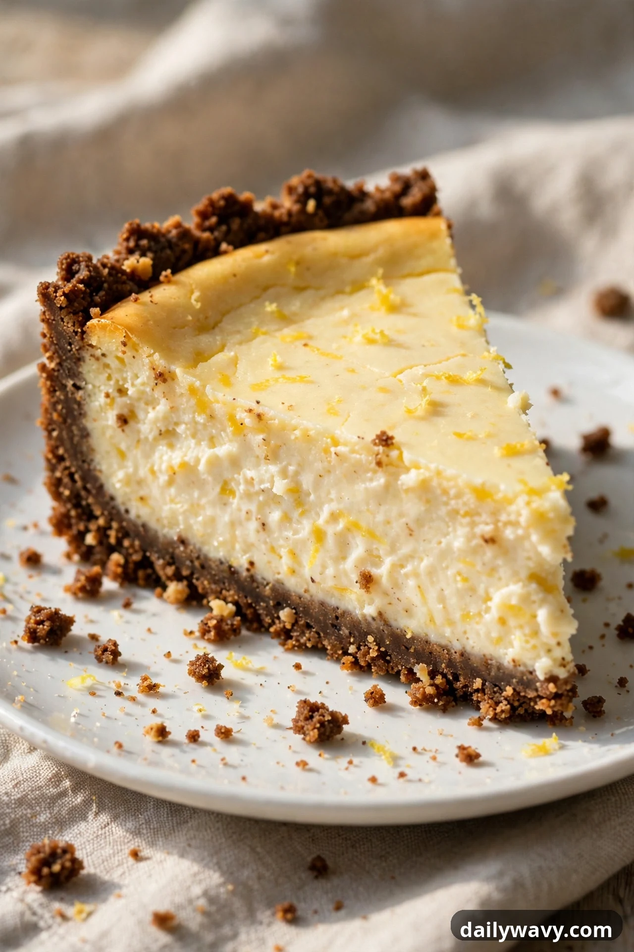 A slice of lemon cheesecake with a dark gingersnap crust sits on a white plate, its pale filling flecked with lemon zest and crumbs scattered around it on a linen cloth.