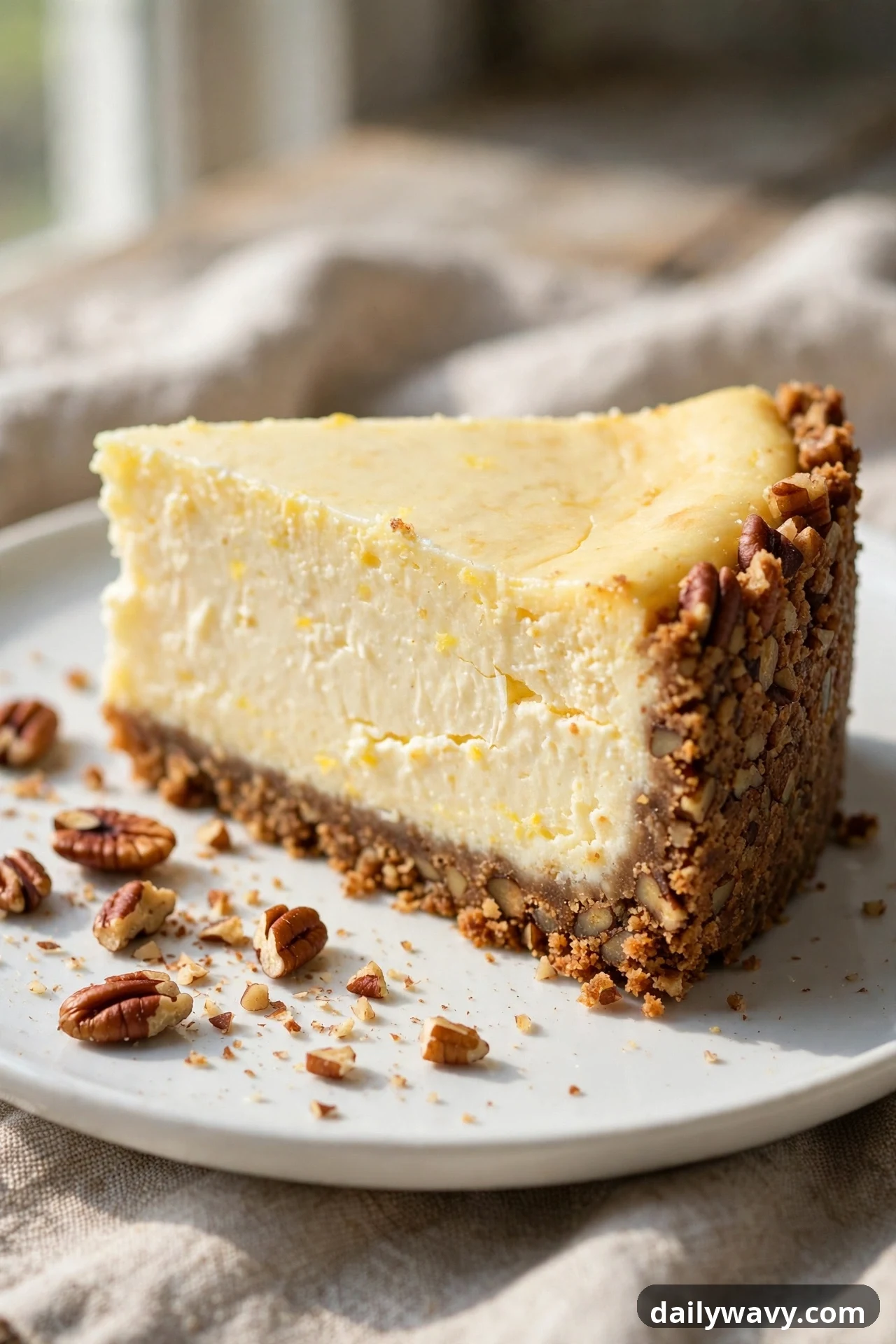 A slice of lemon cheesecake with a chopped pecan crust sits on a white plate, with whole pecan halves and chopped pecans scattered beside it.