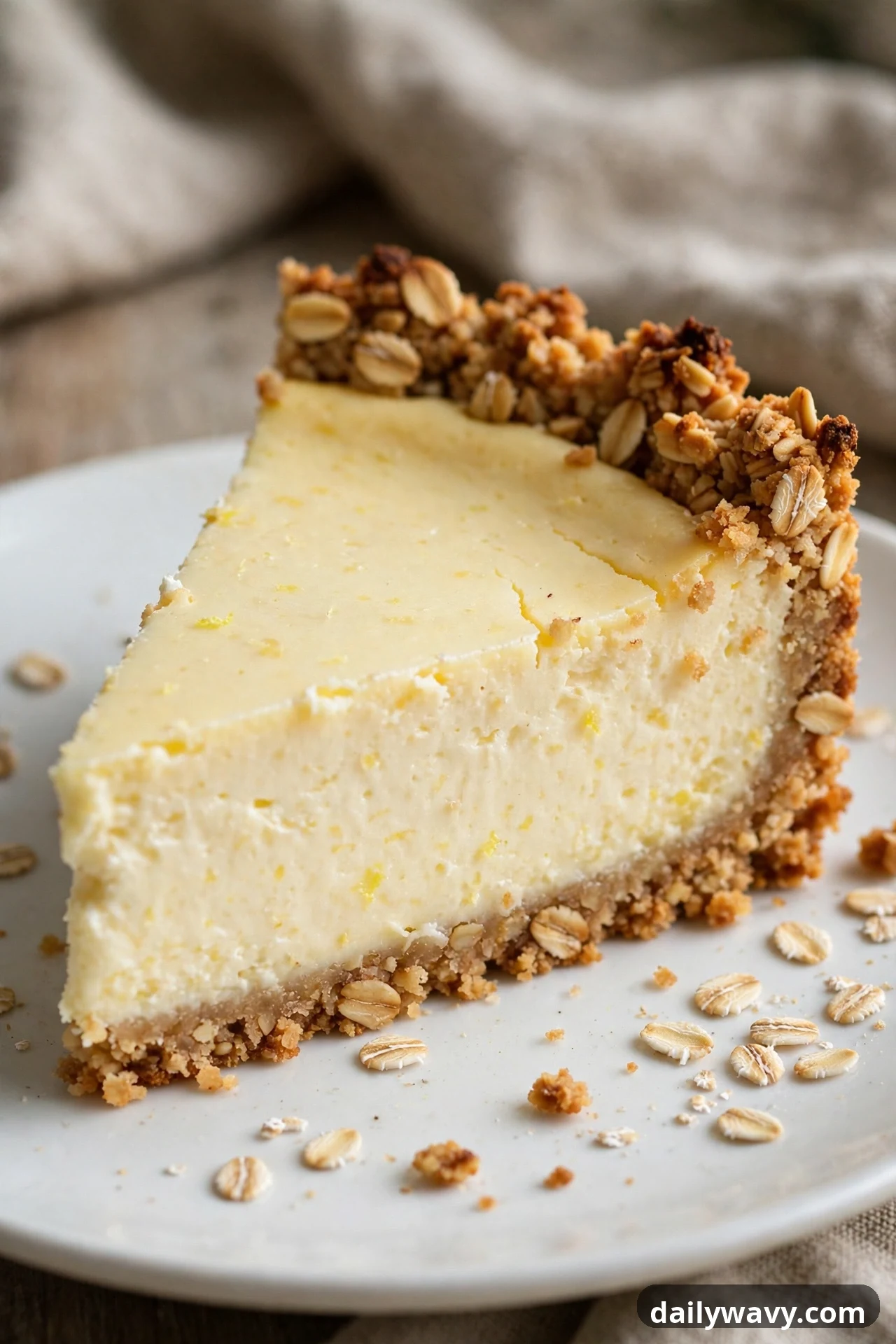 A slice of lemon cheesecake with a coarse toasted oat crust sits on a white plate, with whole oat flakes visible in the crust and scattered across the plate.