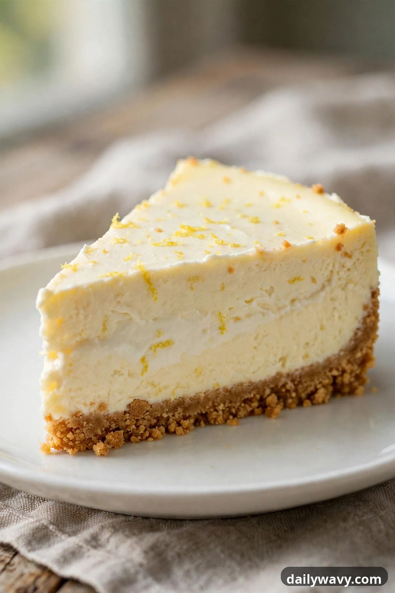 A slice of chilled lemon yogurt cheesecake with a soft top scattered with lemon zest sits on a white plate over a graham crust that covers only the bottom.