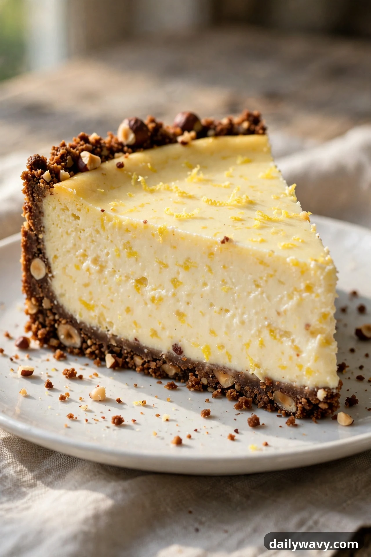 A slice of lemon cheesecake with a dark toasted hazelnut crust sits on a white plate, with whole hazelnuts and chopped nuts visible in the crust and crumbs scattered around it.
