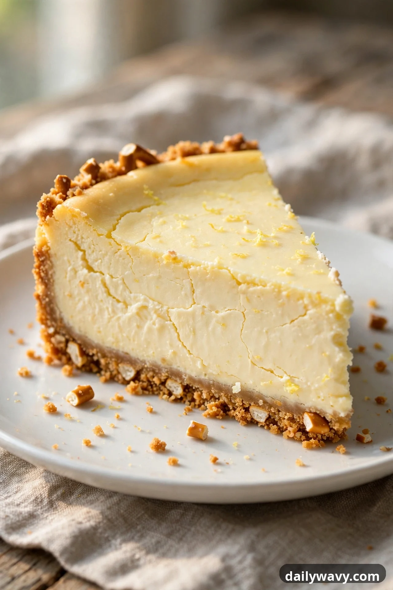 A slice of lemon cheesecake with a crushed pretzel crust sits on a white plate, with small pretzel pieces visible in the crust and scattered across the plate.