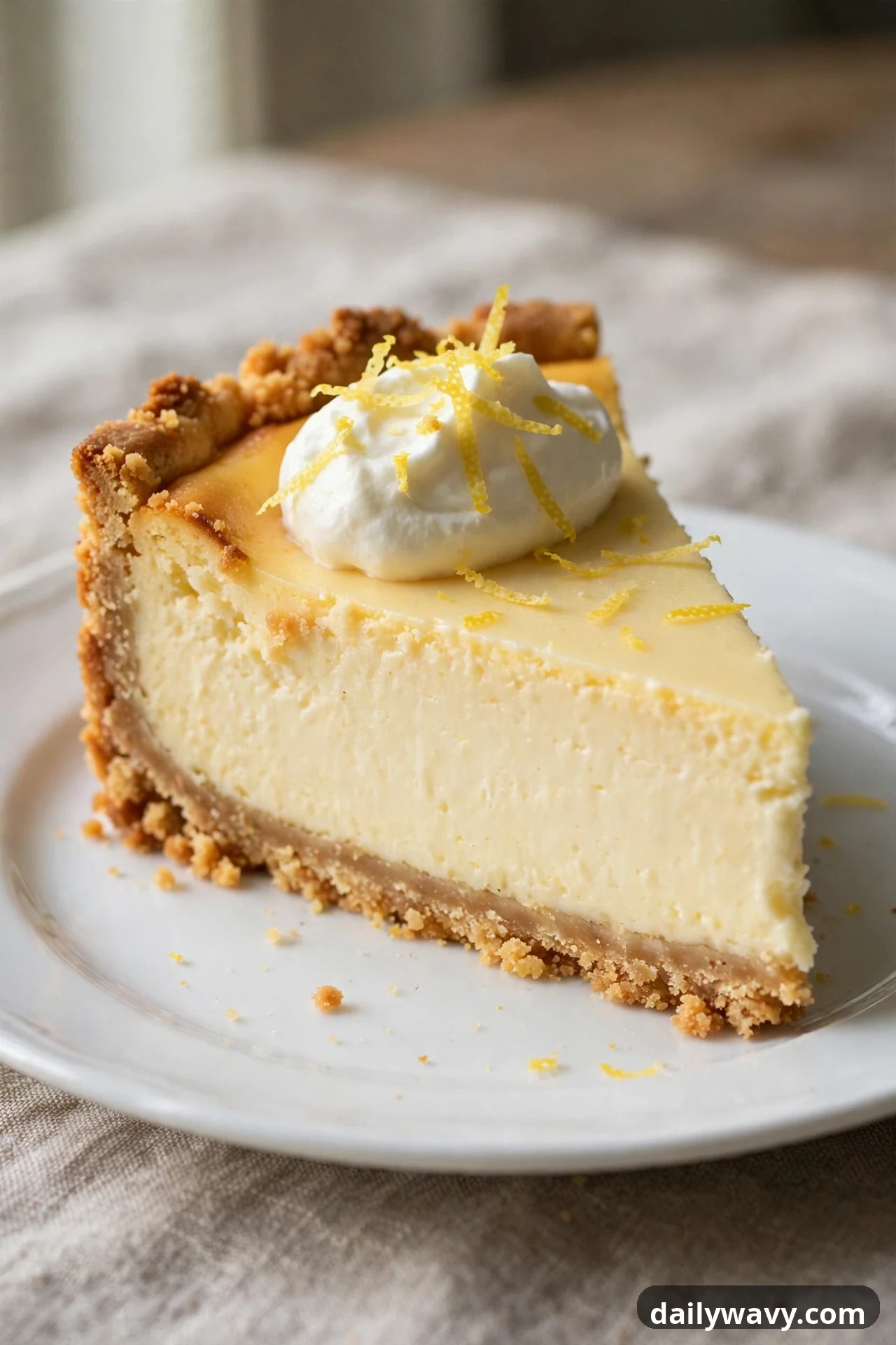 A slice of lemon cheesecake with a golden digestive biscuit crust sits on a white plate, topped with a dollop of whipped cream and thin strips of lemon zest.