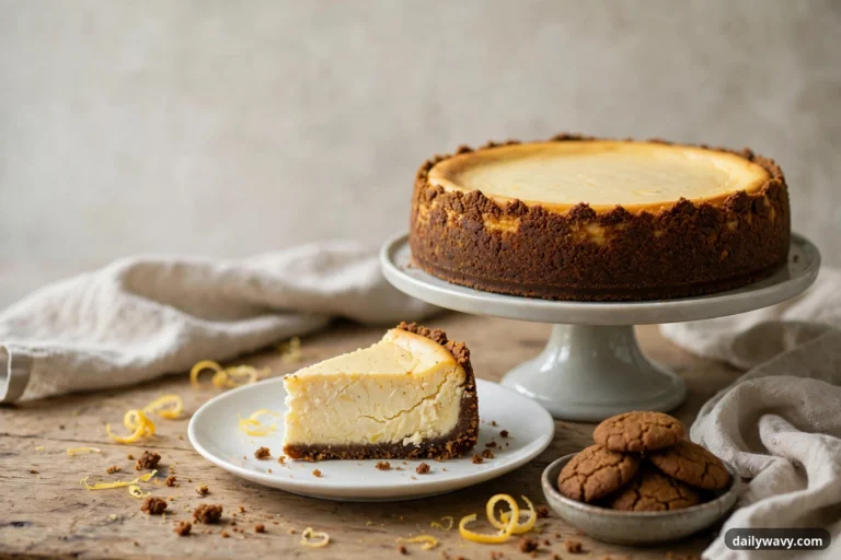 A whole lemon cheesecake with a dark gingersnap crust stands on a white pedestal cake stand, with one slice on a white plate in front of it, lemon zest curls scattered on the wooden table, and a small bowl of gingersnap cookies beside the plate.