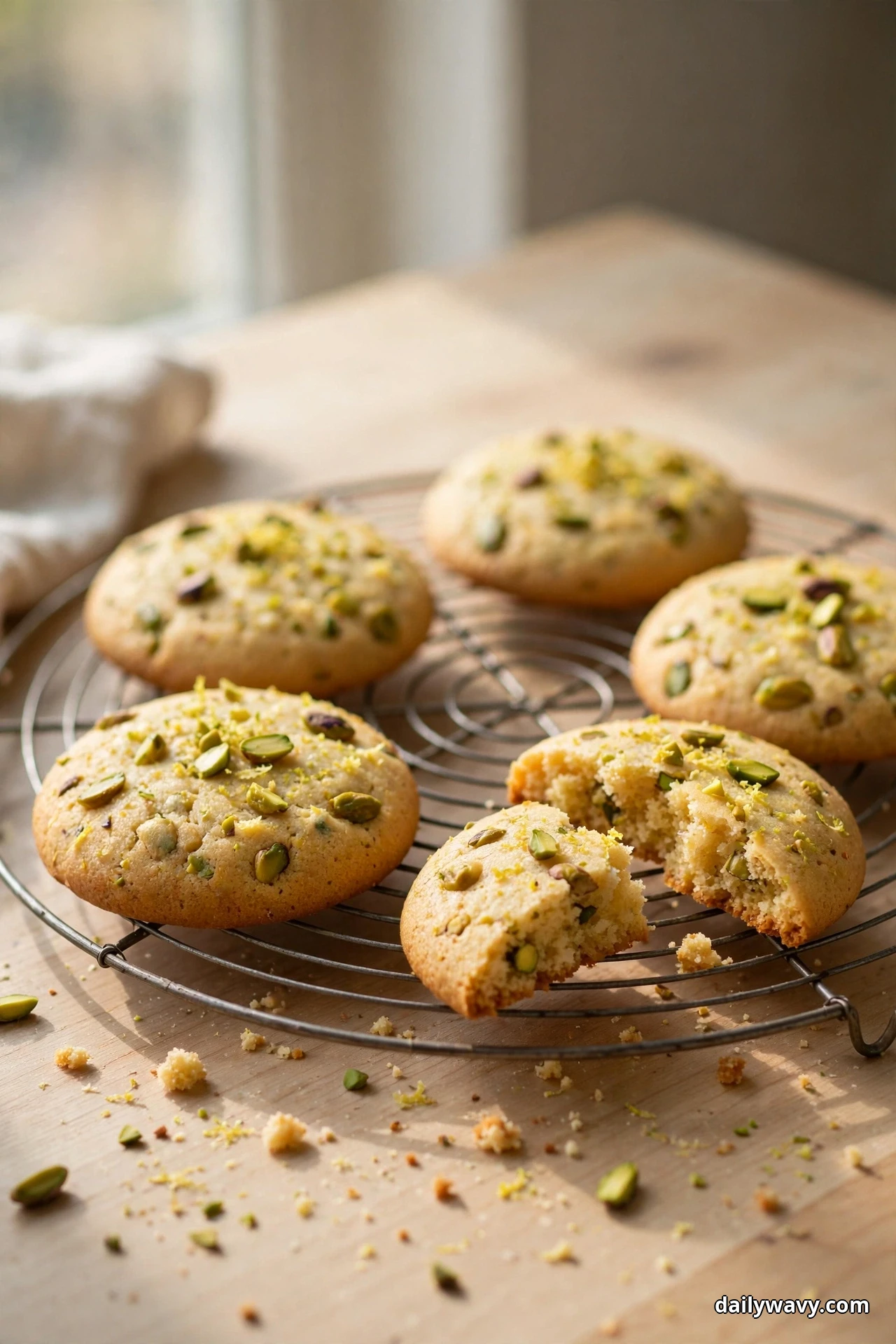 A closer view shows lemon pistachio cookies resting on a round wire cooling rack, one broken in half to reveal its soft, nut-studded center