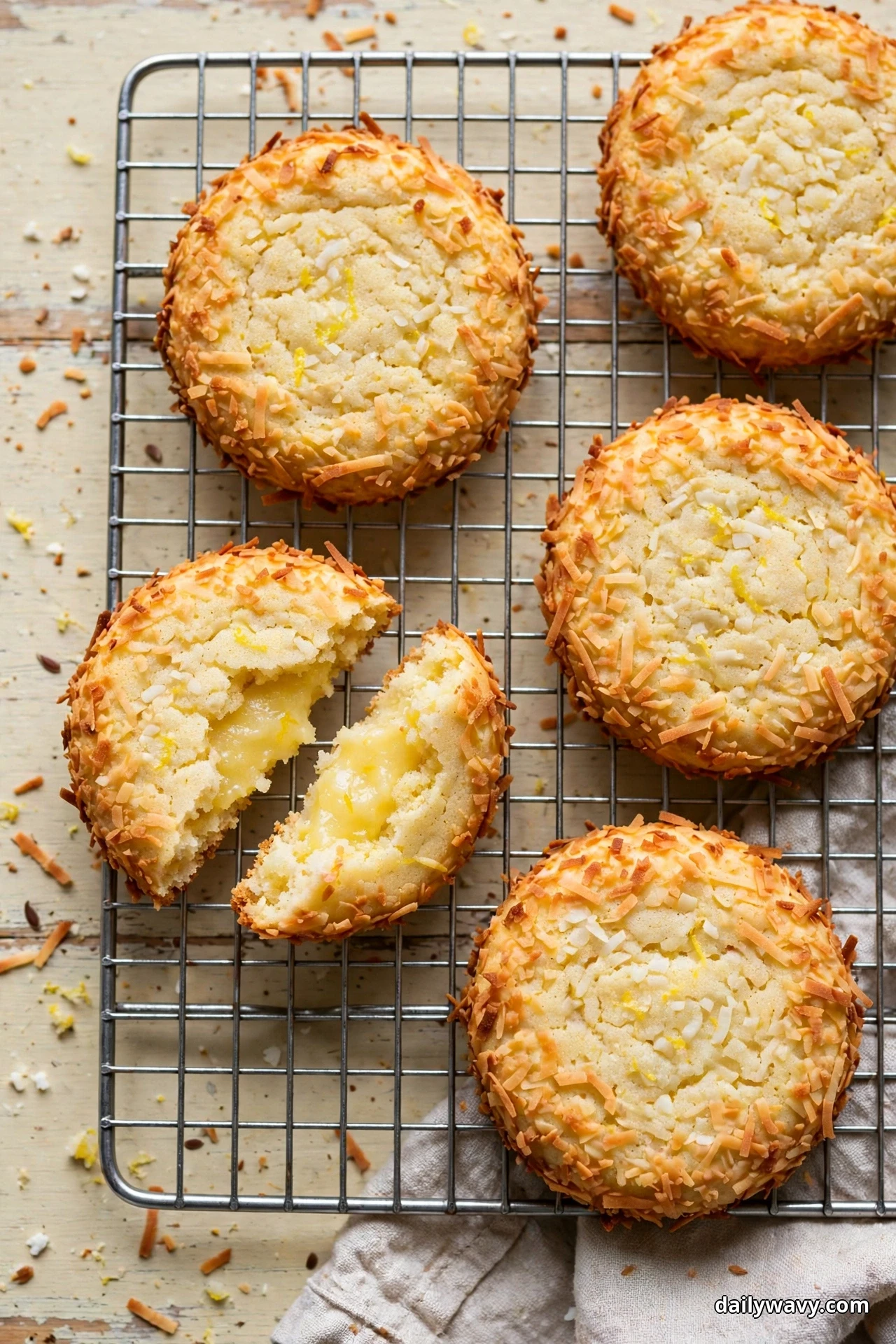 Lemon cookies rolled in toasted shredded coconut cool on a wire rack, one broken open to show a soft pale center