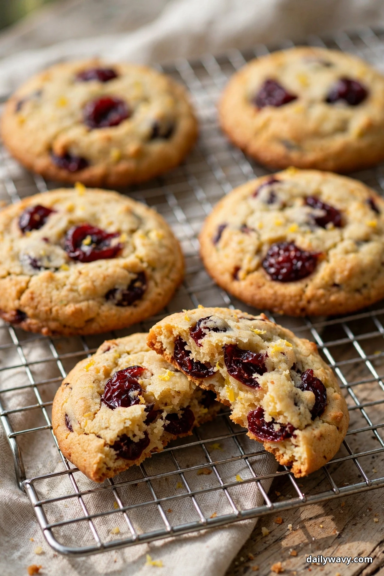 Lemon cookies studded with dried tart cherries cool on a wire rack, one broken in half to show the cherries folded through the crumb