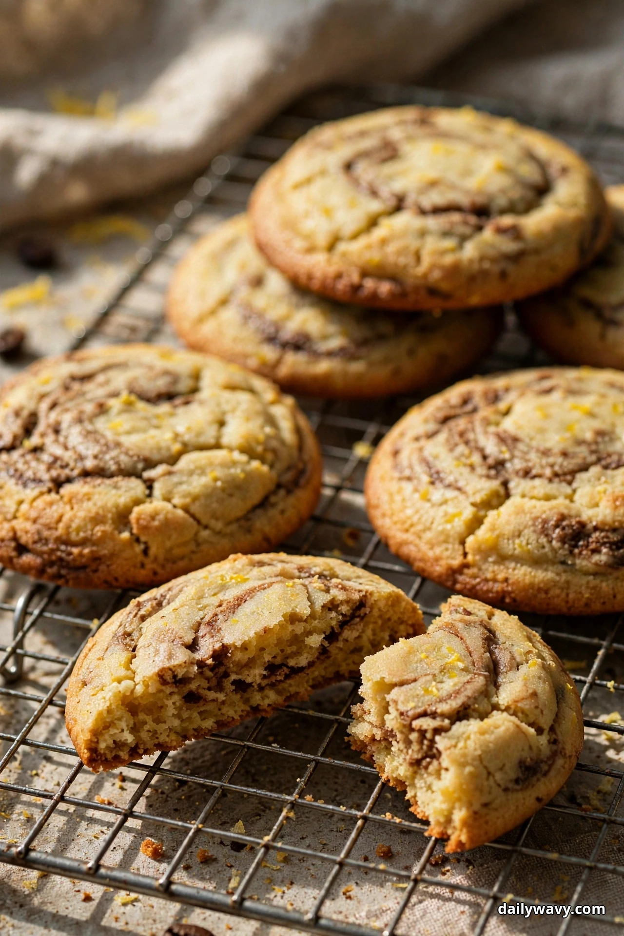 Lemon cookies marbled with dark espresso swirls cool on a wire rack, one broken in half to show the swirled crumb