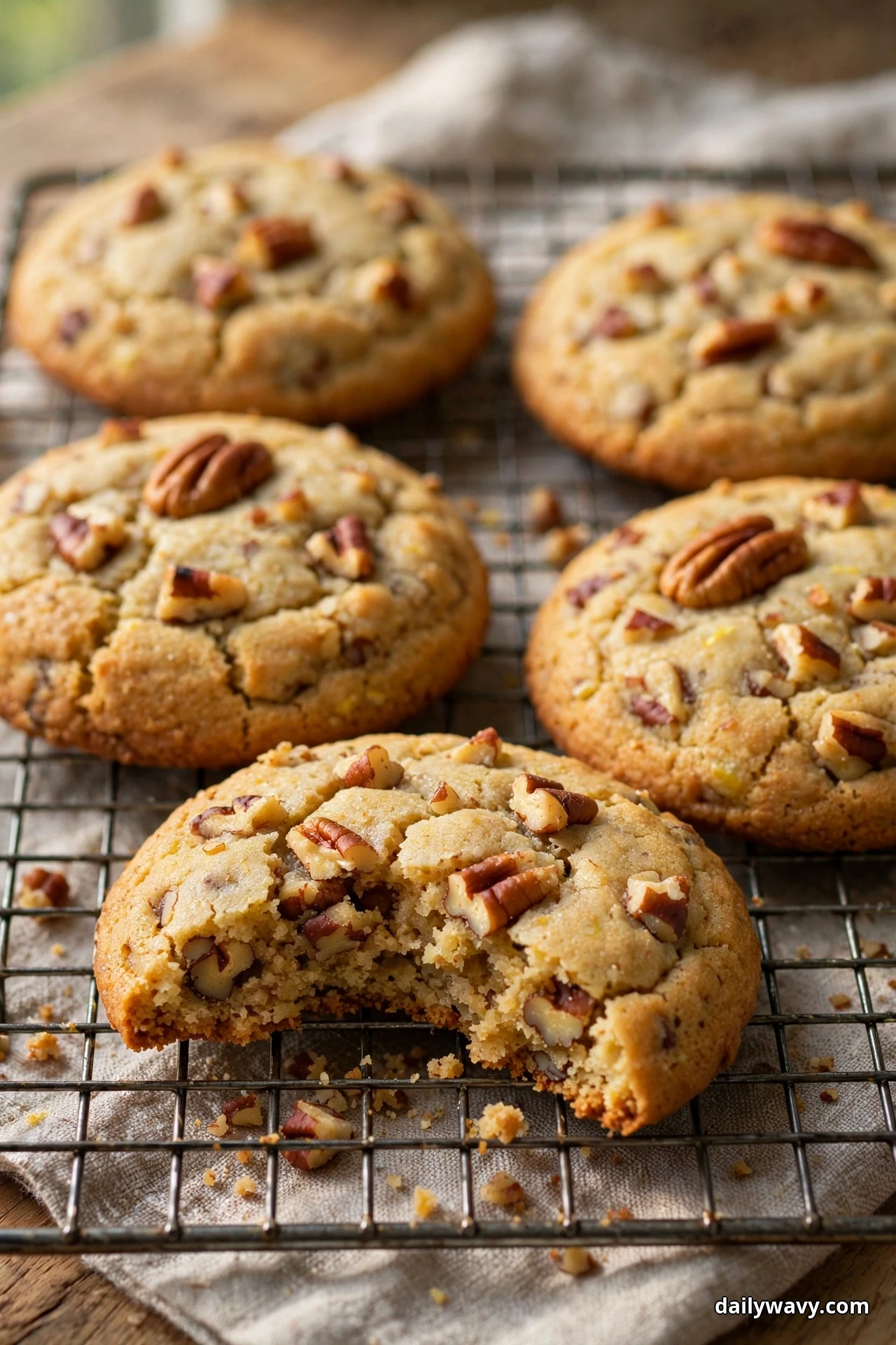 Lemon cookies studded with whole and chopped toasted pecans cool on a wire rack, one broken open to show the nuts in the crumb