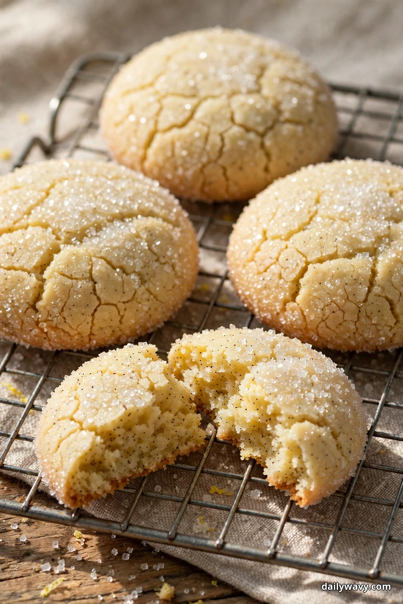 Crackled lemon cookies coated in sparkling granulated sugar and freckled with vanilla bean seeds cool on a wire rack, one broken in half