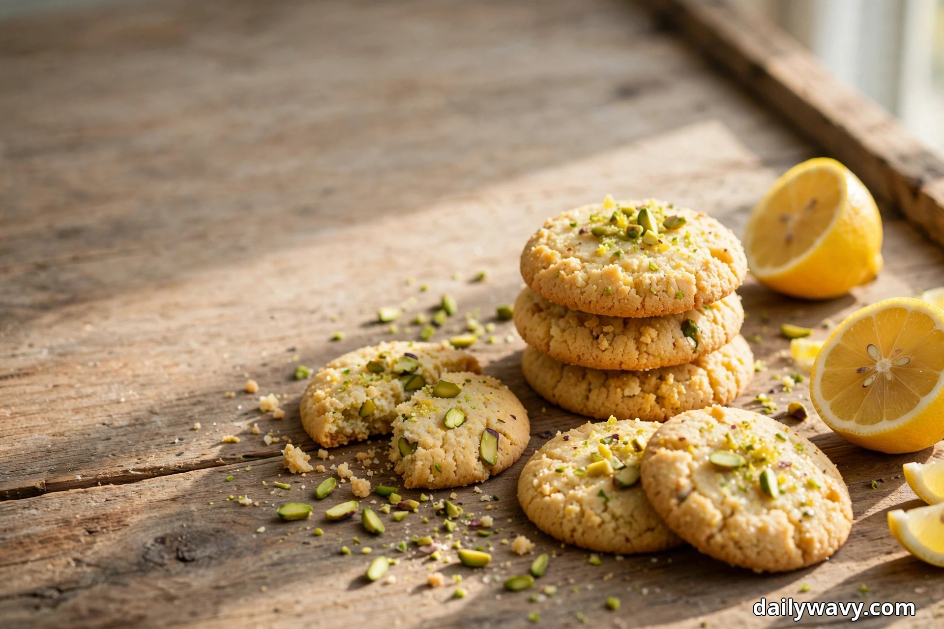 A wide view shows lemon pistachio cookies stacked and scattered across a rustic wooden board, one broken open, with halved lemons resting beside them