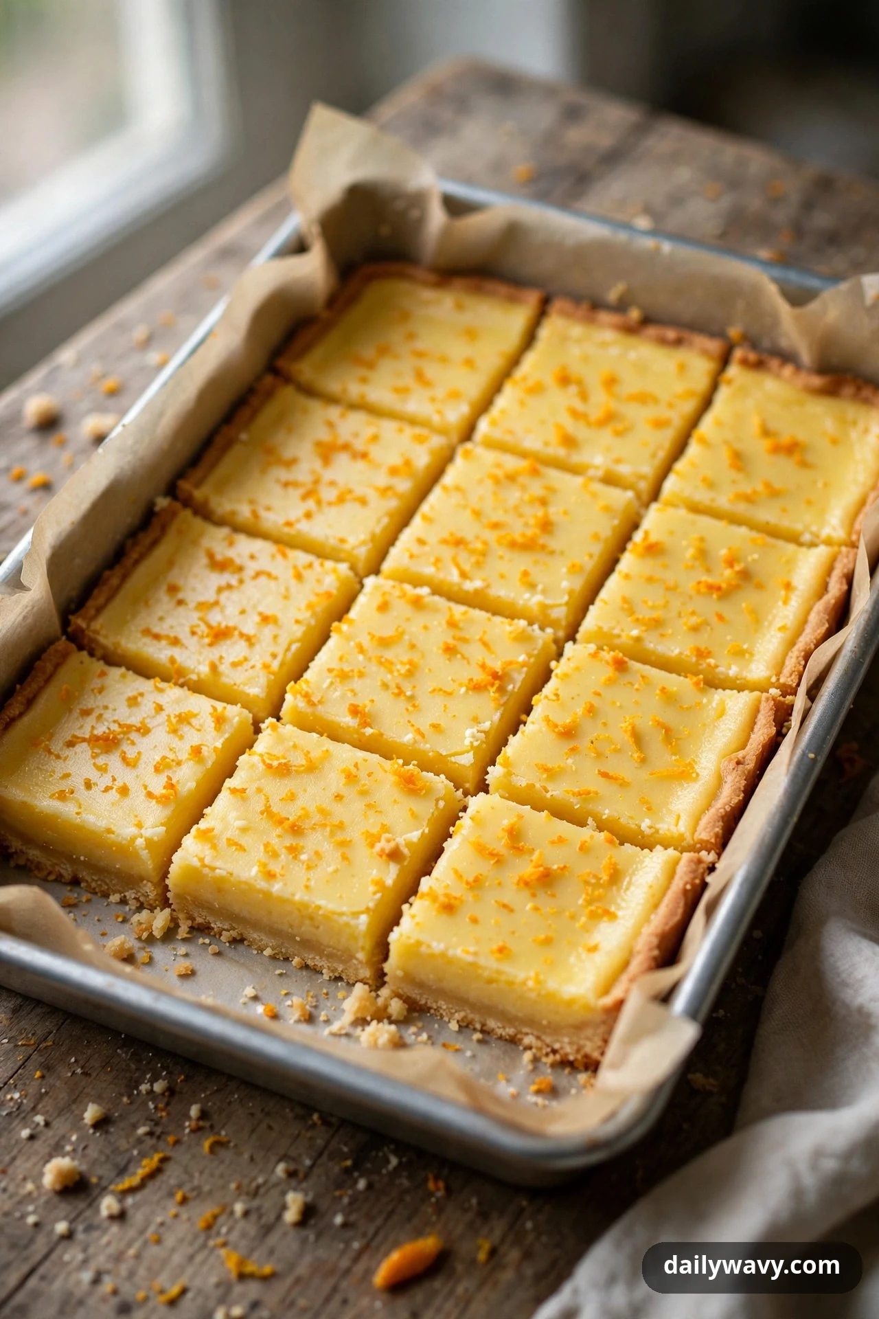 A close view shows lemon bars sprinkled with fine orange zest, cut into neat squares inside a parchment-lined pan.