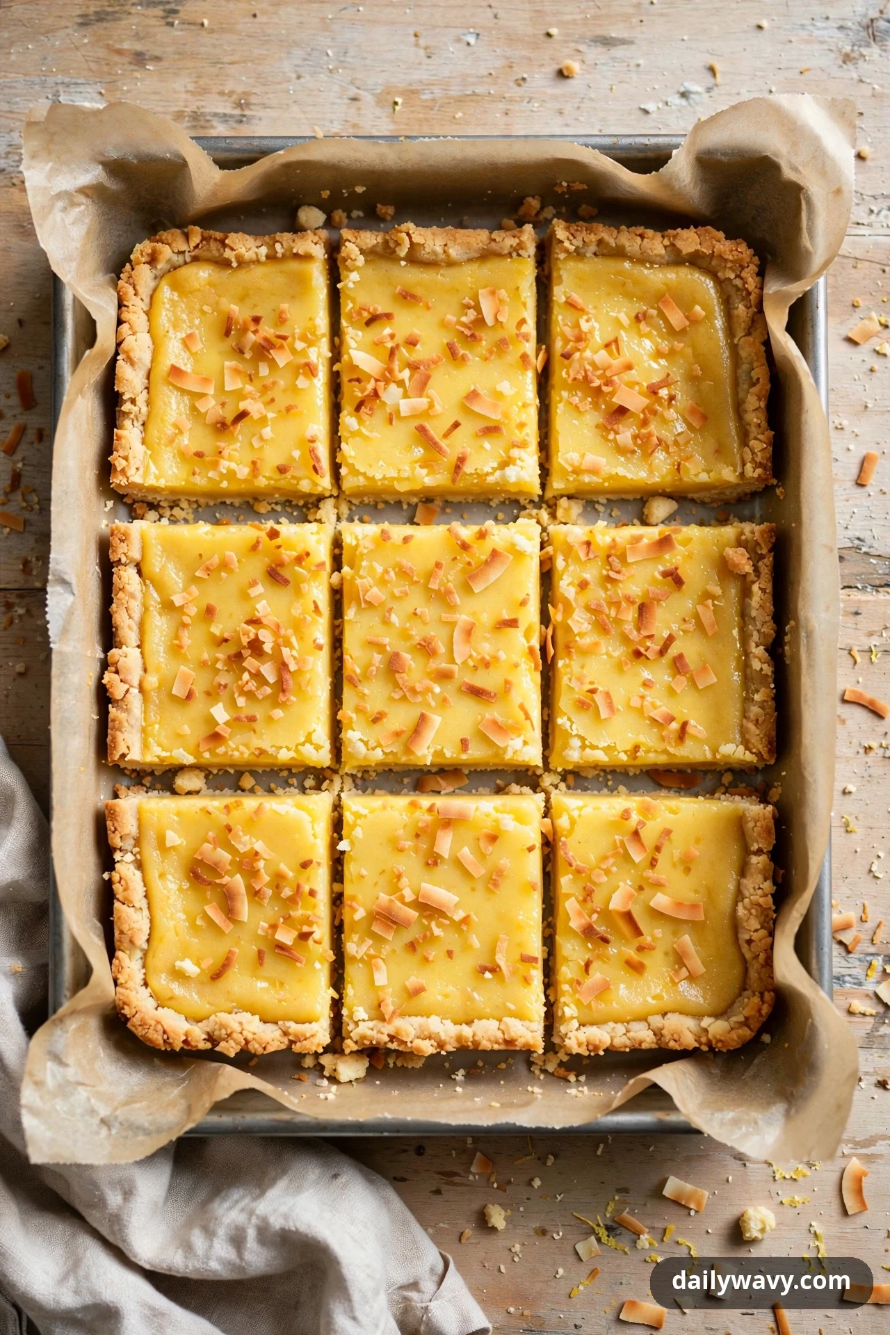 An overhead view shows nine lemon bar squares topped with toasted coconut flakes inside a parchment-lined pan.