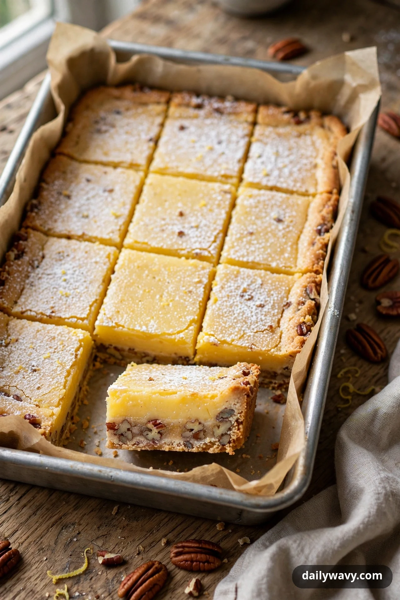 Lemon bars dusted with powdered sugar fill a parchment-lined pan, and the square in front shows pecan pieces baked into its crust, with whole pecans scattered on the table beside the pan.