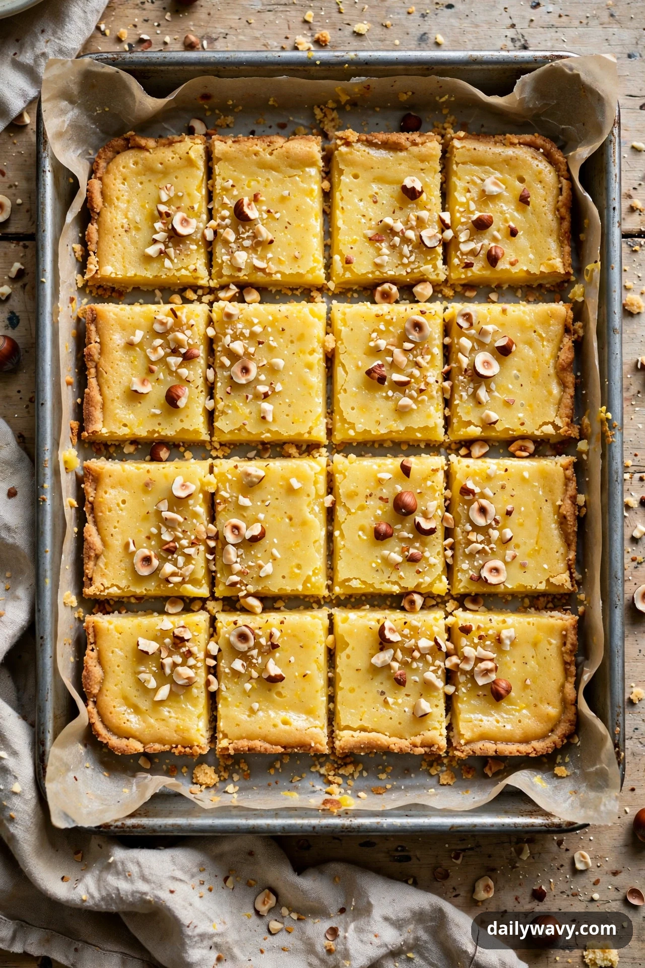 An overhead view shows sixteen lemon bar squares topped with chopped hazelnuts in a parchment-lined pan, with whole hazelnuts scattered on the table around it.