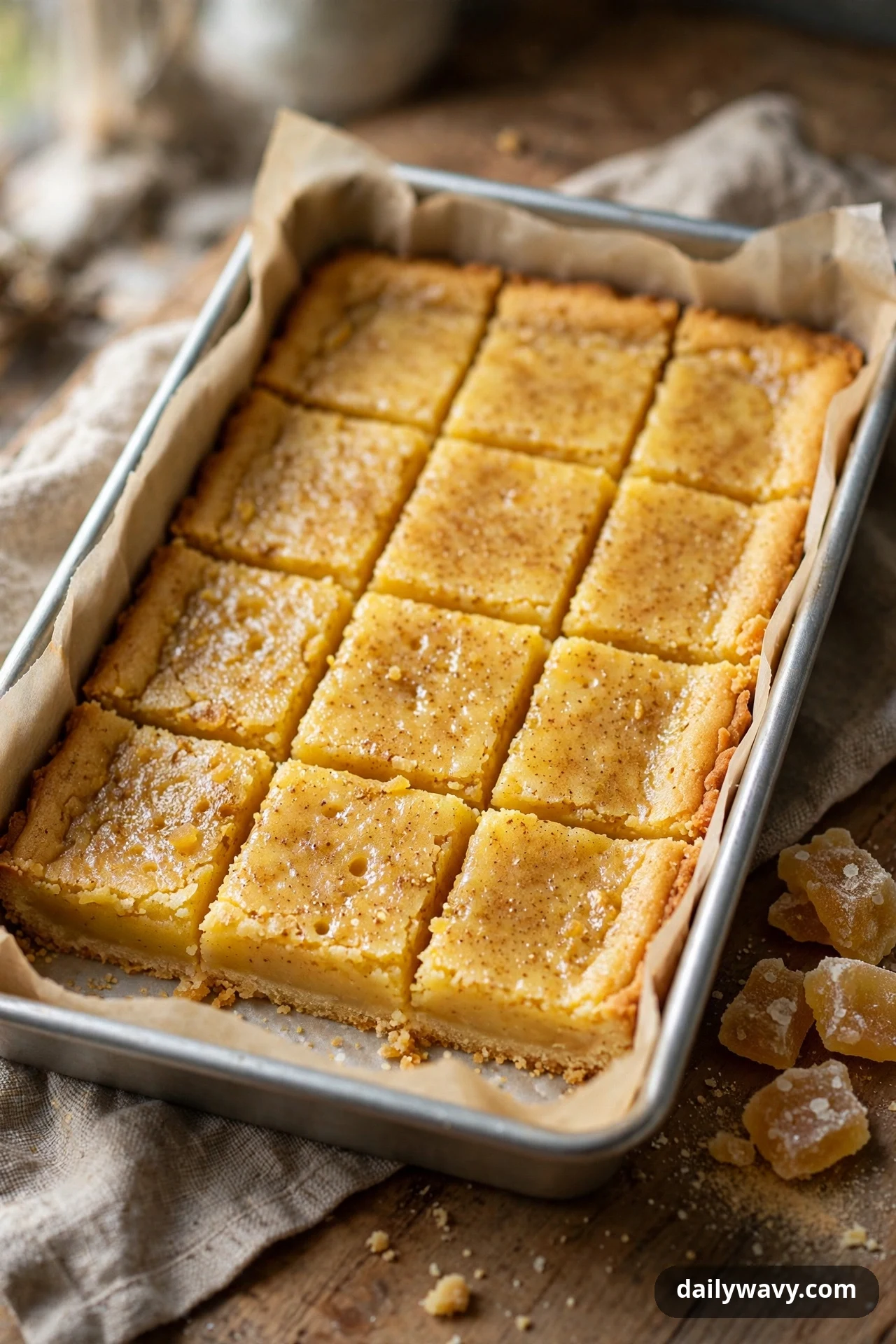 Lemon bars with speckled, spice-flecked tops sit cut into squares in a parchment-lined pan, with chunks of candied ginger on the table beside the pan.