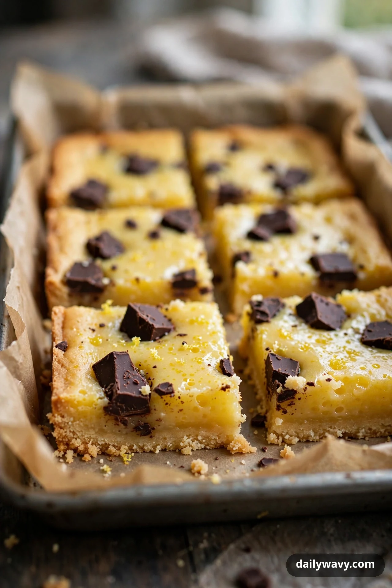 A close view shows lemon bars topped with large dark chocolate chunks in a parchment-lined pan, with the front squares showing the shortbread crust below the lemon layer.