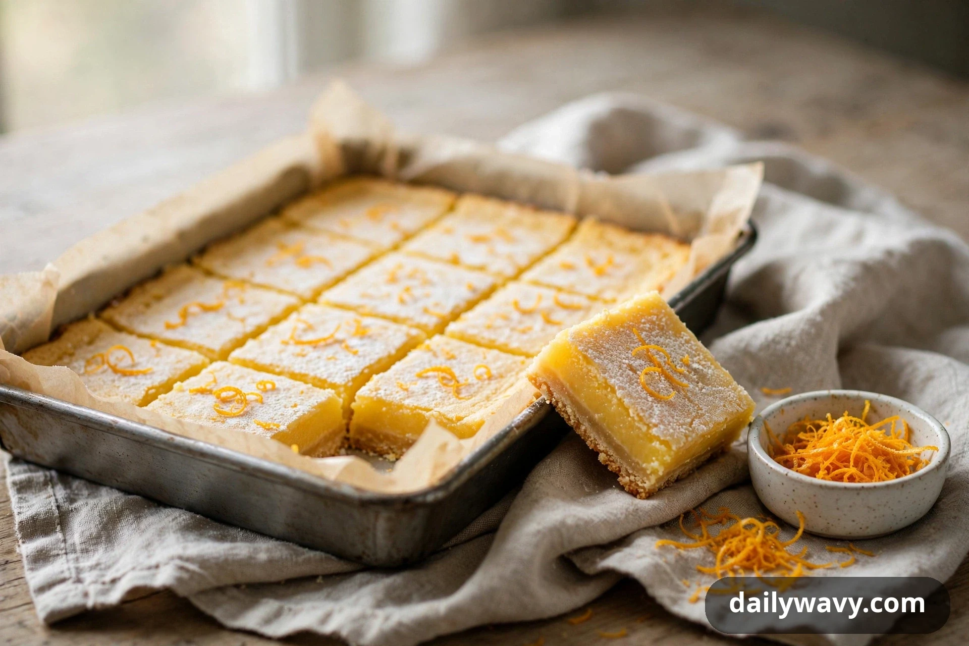 A parchment-lined pan of lemon bars dusted with powdered sugar and scattered with orange zest curls sits cut into squares, with one bar leaning against the pan on a linen cloth beside a small bowl of orange zest.