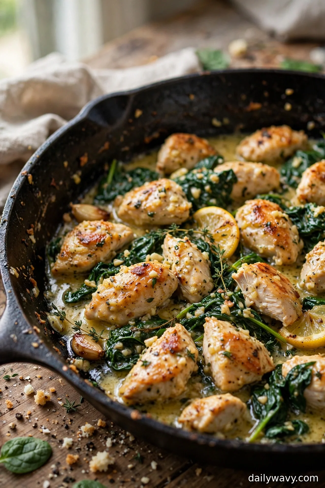 Lemon garlic chicken with wilted spinach in a cast iron skillet with lemon slices