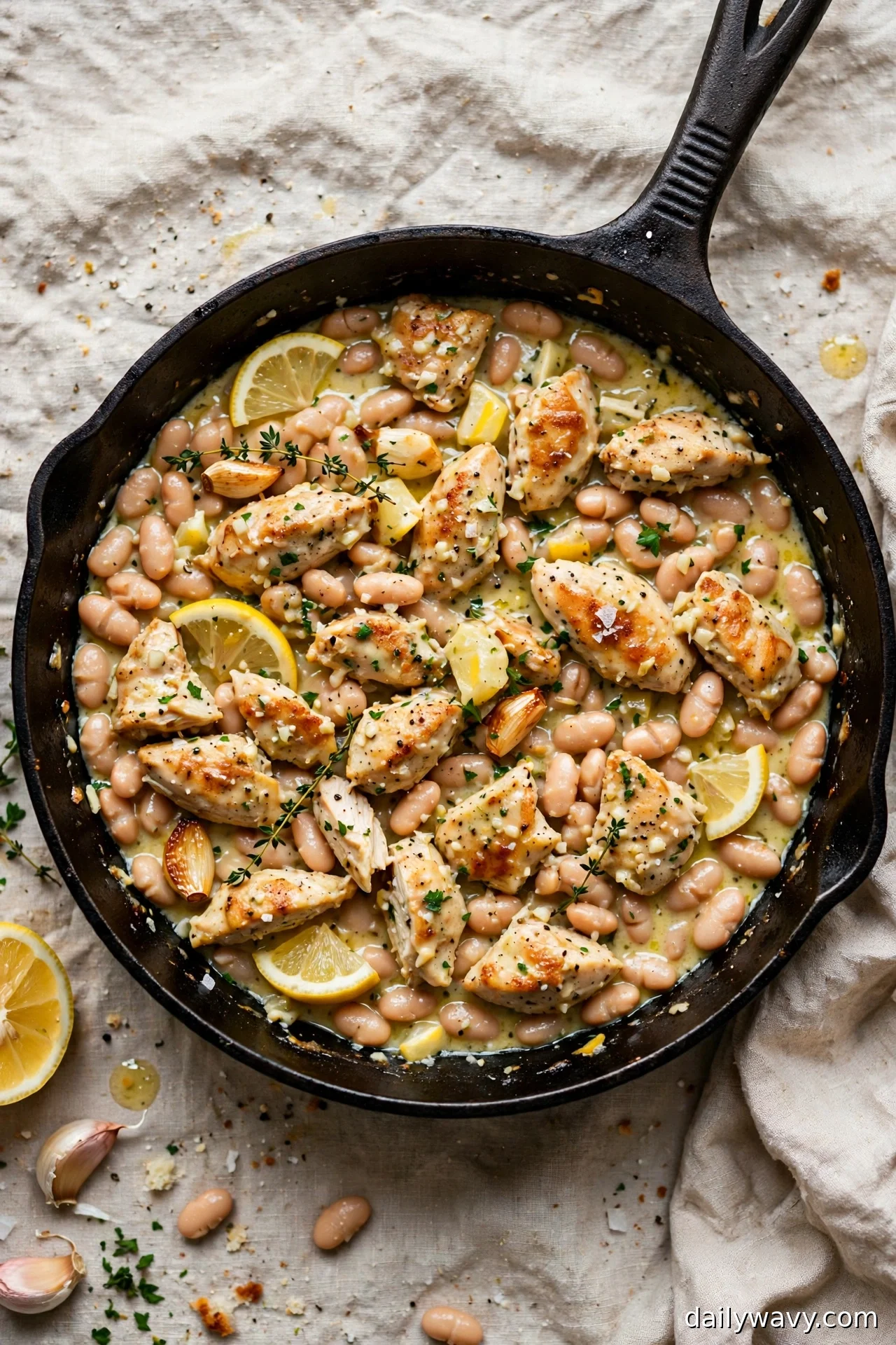 Lemon garlic chicken with white cannellini beans in a skillet with lemon wedges