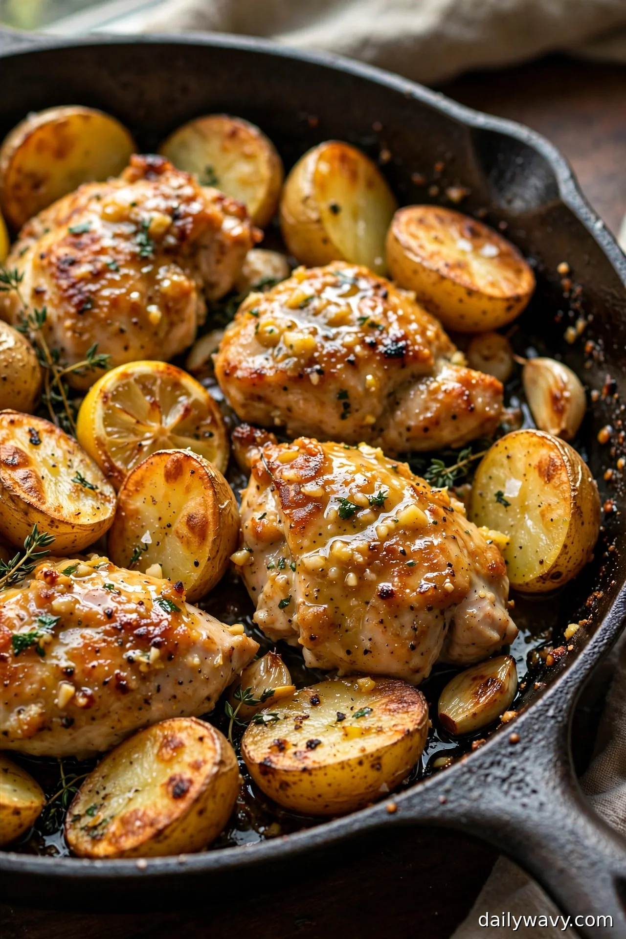 Lemon garlic chicken with halved baby potatoes in a skillet with lemon slices