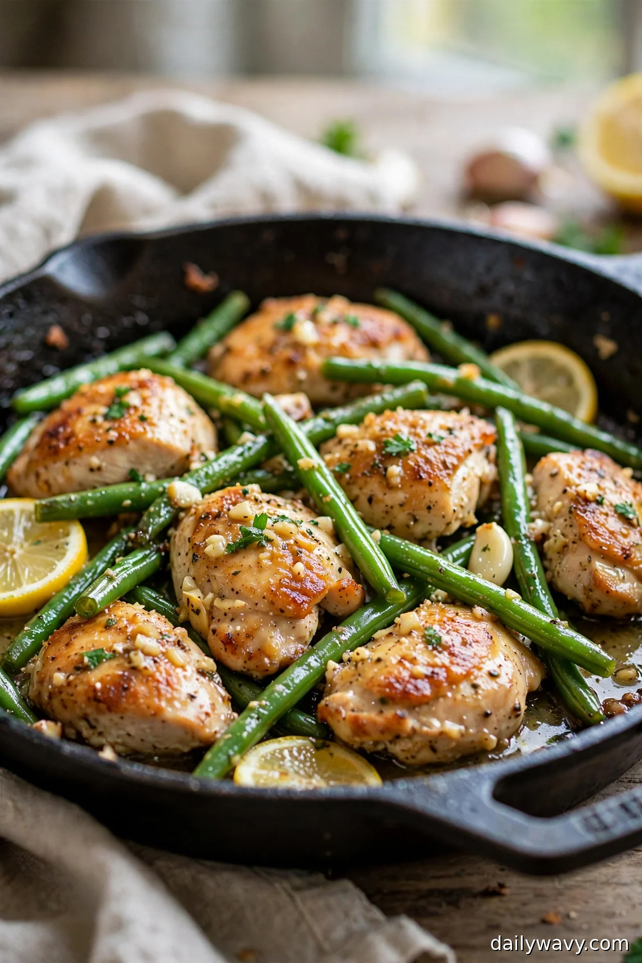 Lemon garlic chicken with bright green beans in a skillet with lemon slices