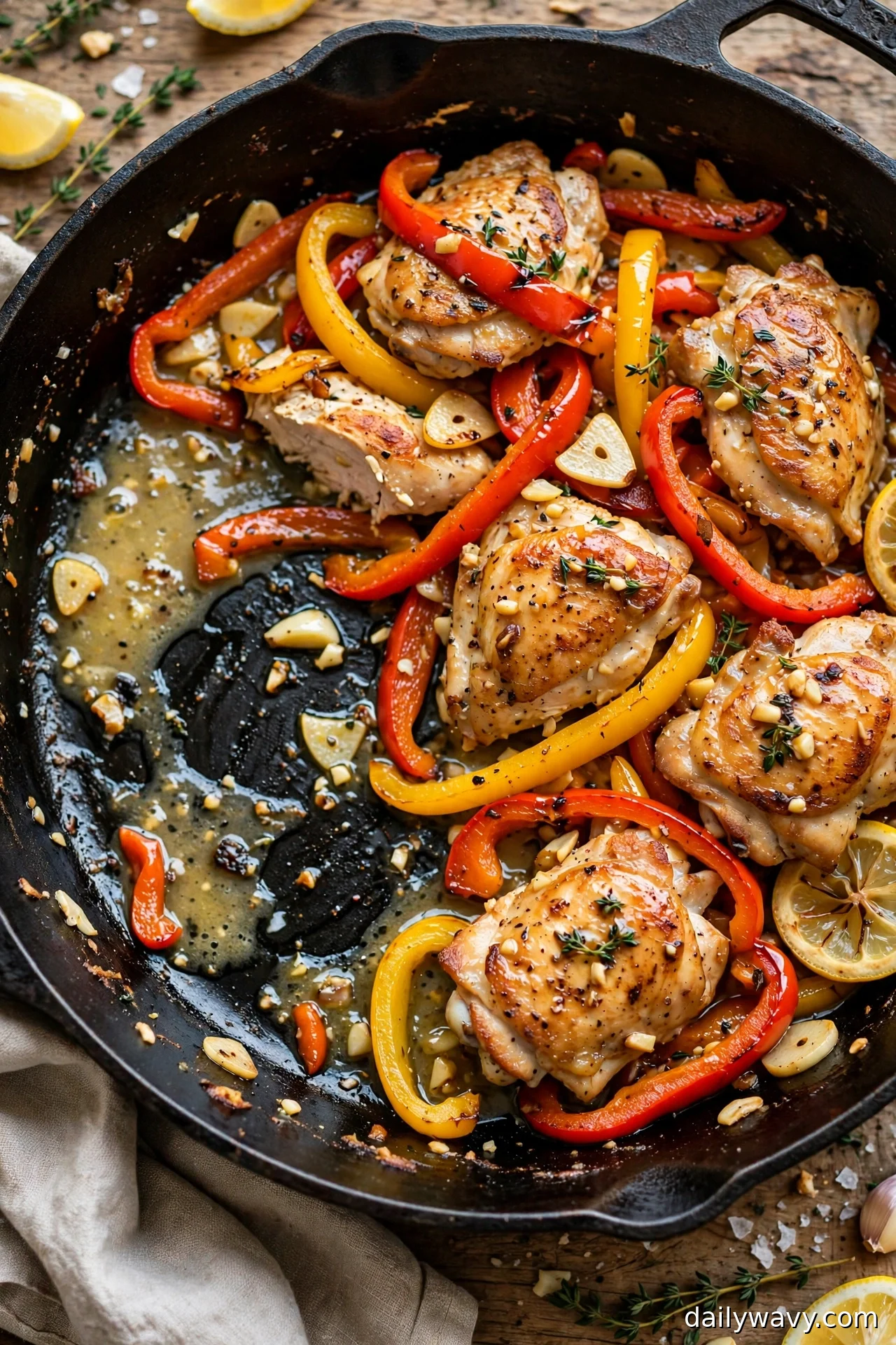 Lemon garlic chicken with red and yellow bell pepper strips in a skillet