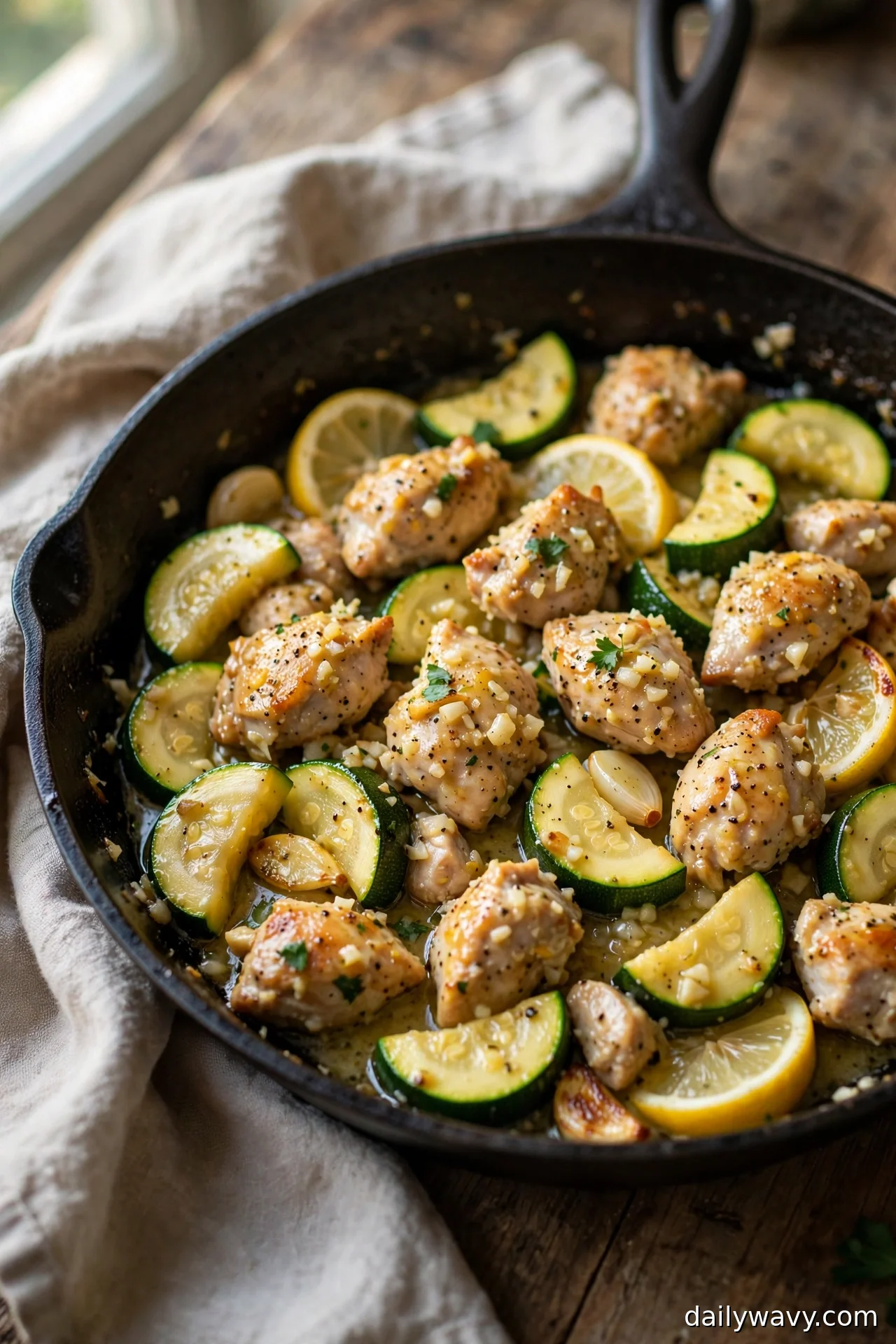 Lemon garlic chicken with zucchini half-moons in a skillet with lemon slices