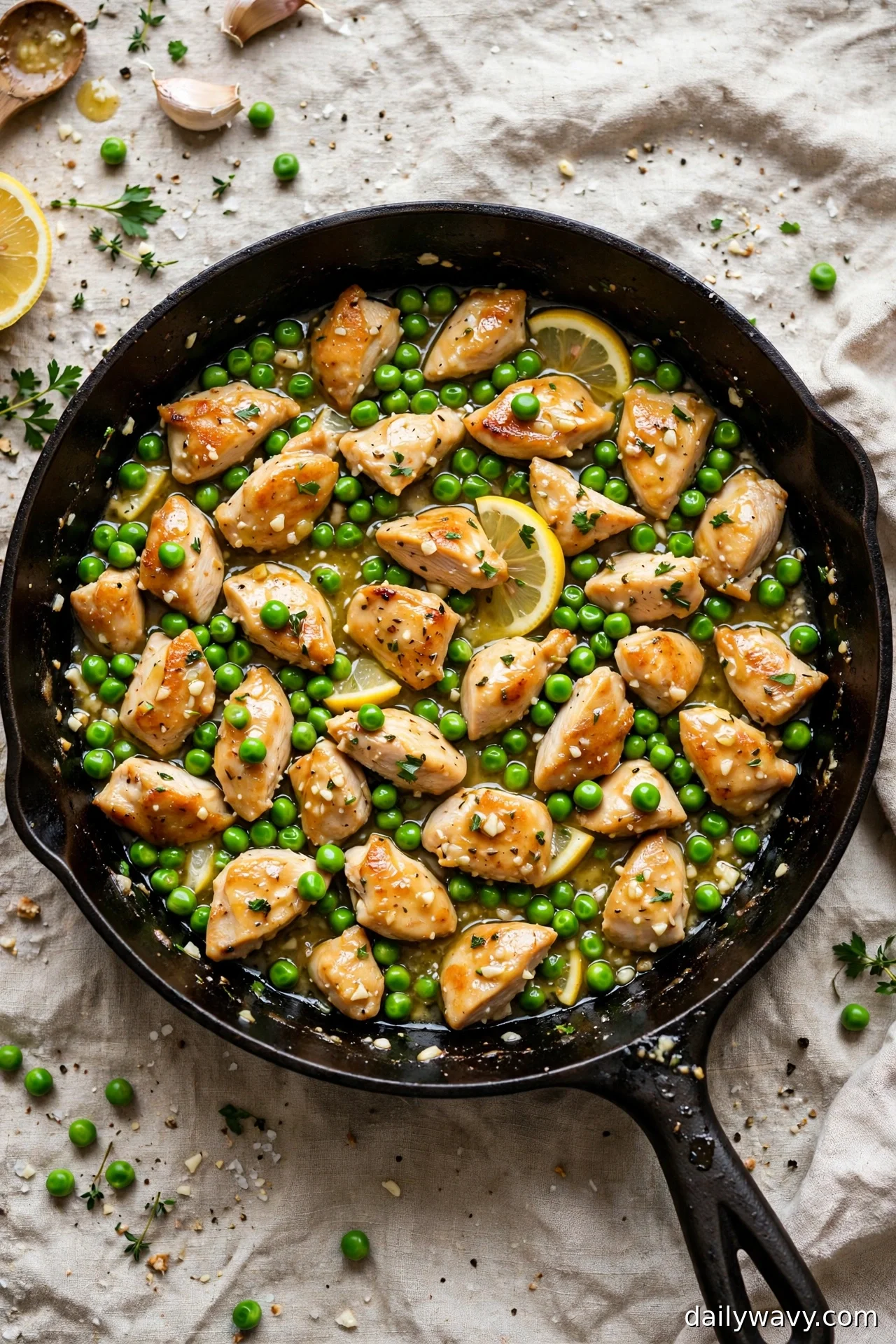 Overhead view of lemon garlic chicken with green peas in a skillet with lemon