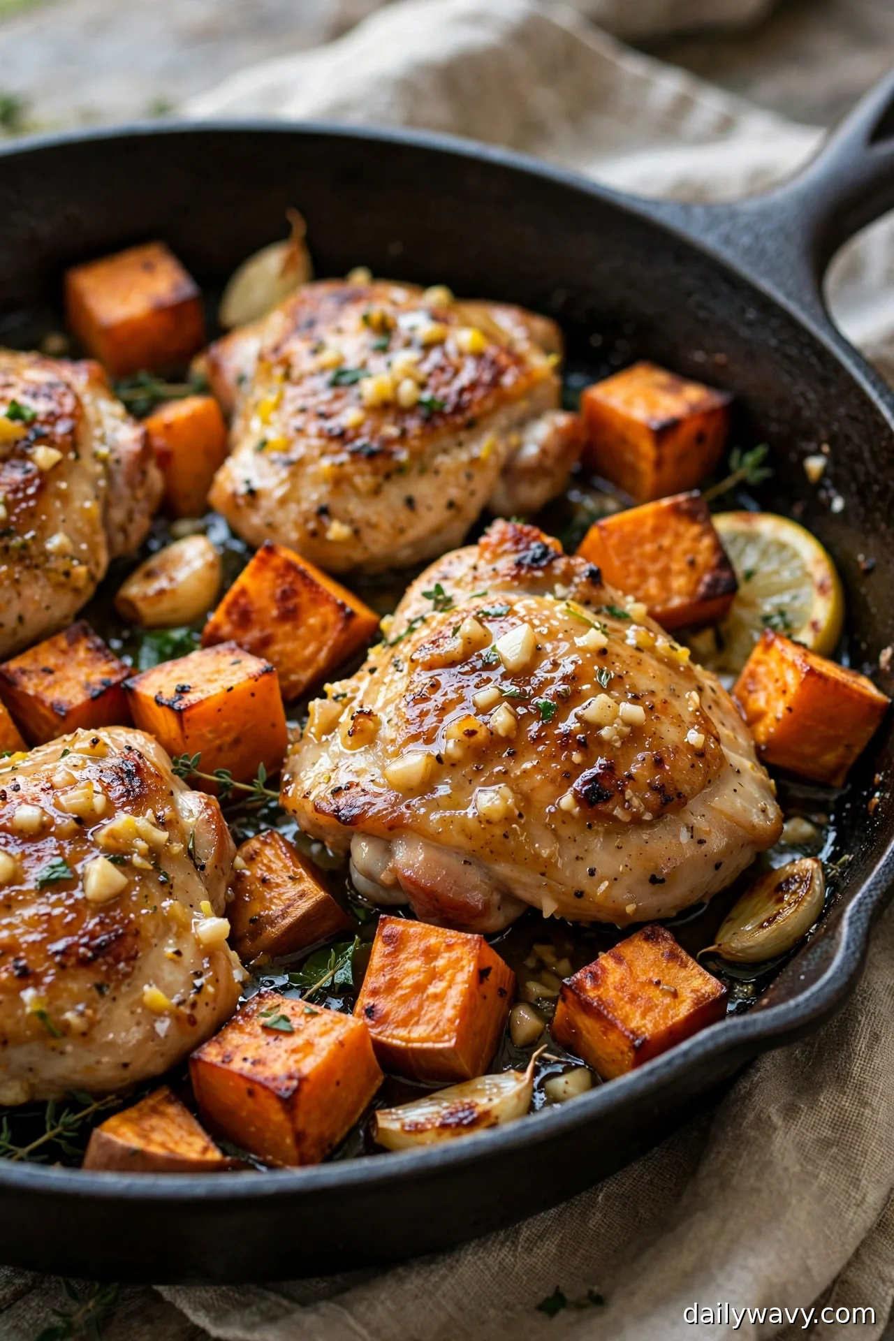 Lemon garlic chicken with roasted sweet potato cubes in a skillet