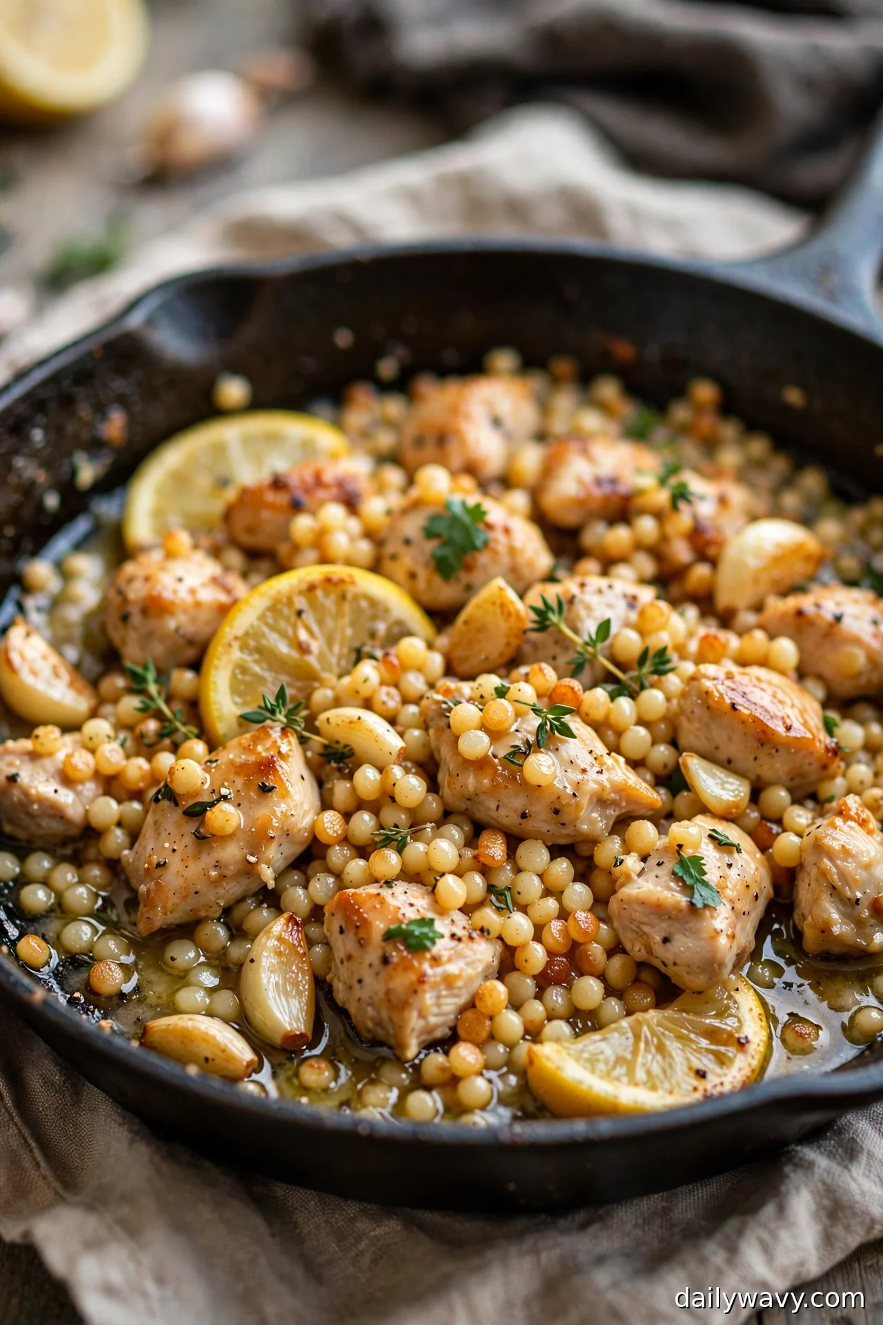 Lemon garlic chicken with pearl couscous in a skillet with lemon slices