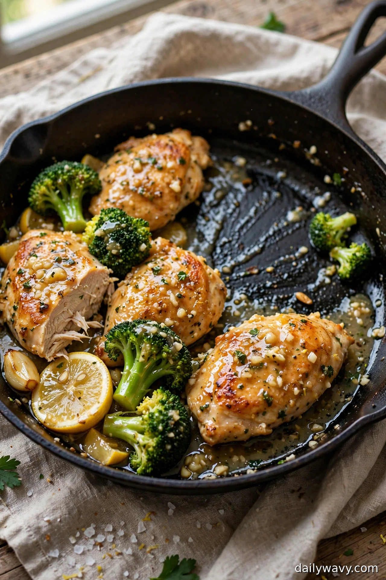 Lemon garlic chicken with broccoli florets in a skillet with lemon