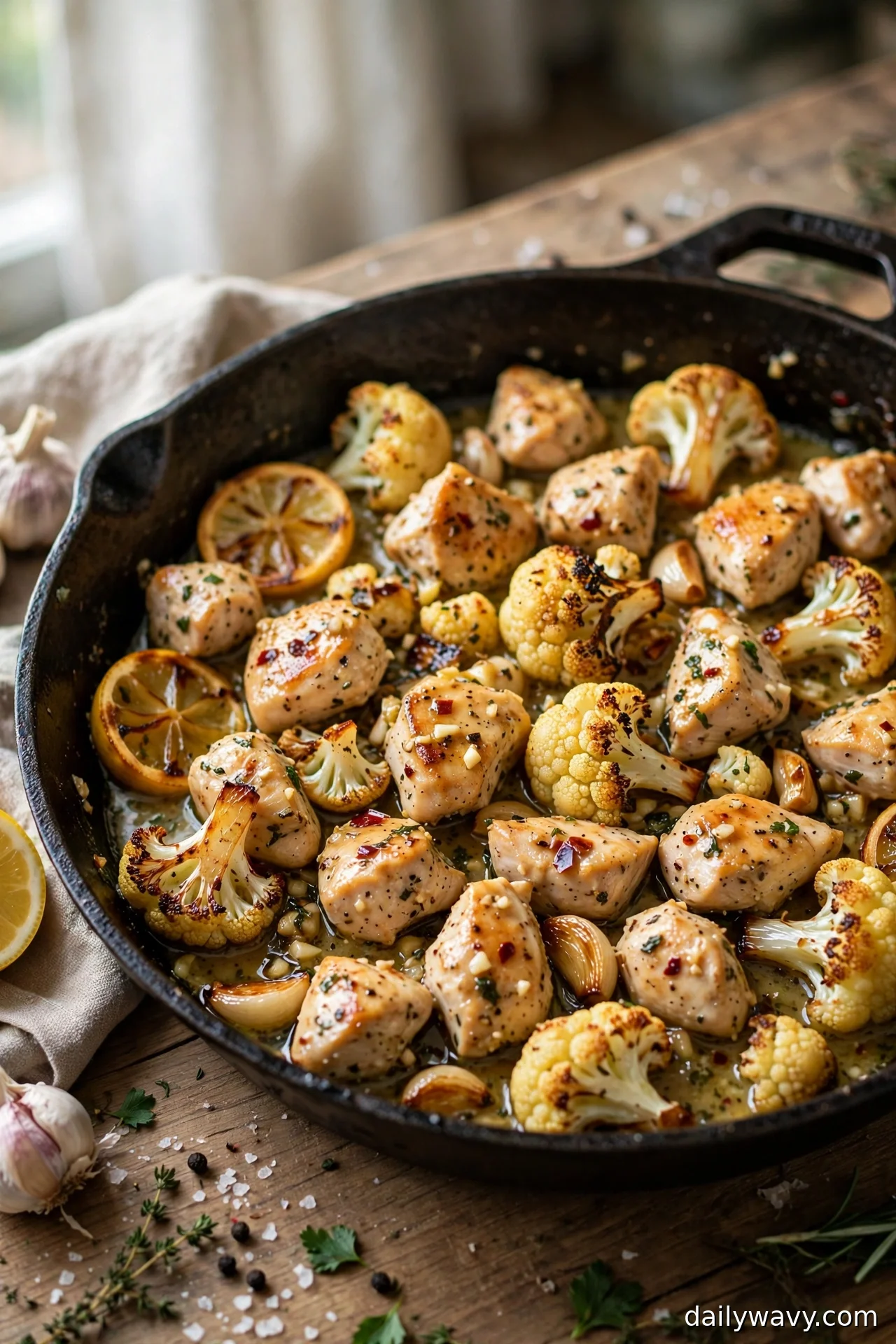 Lemon garlic chicken with caramelized cauliflower florets in a skillet