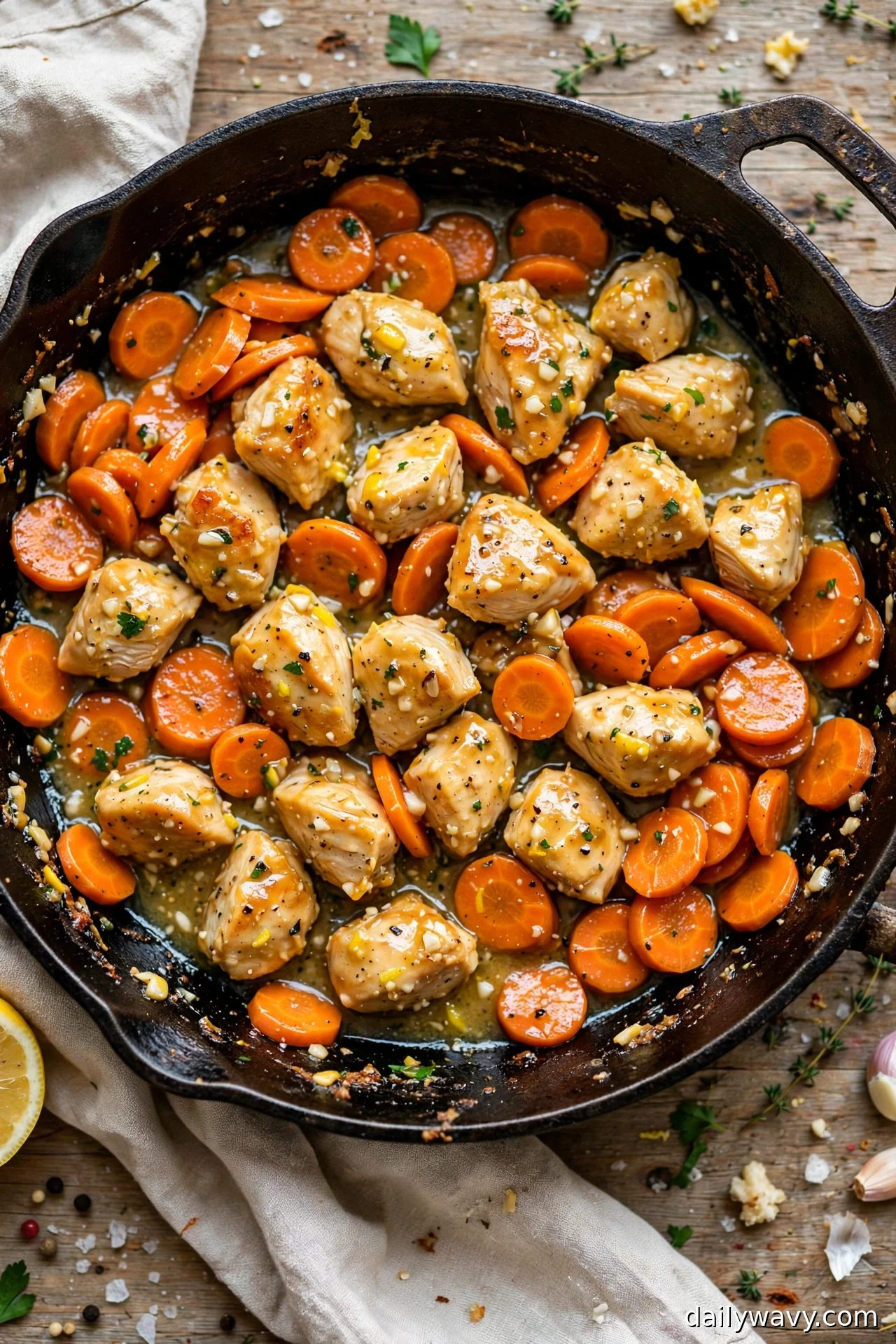 Overhead view of lemon garlic chicken with carrot coins in a skillet