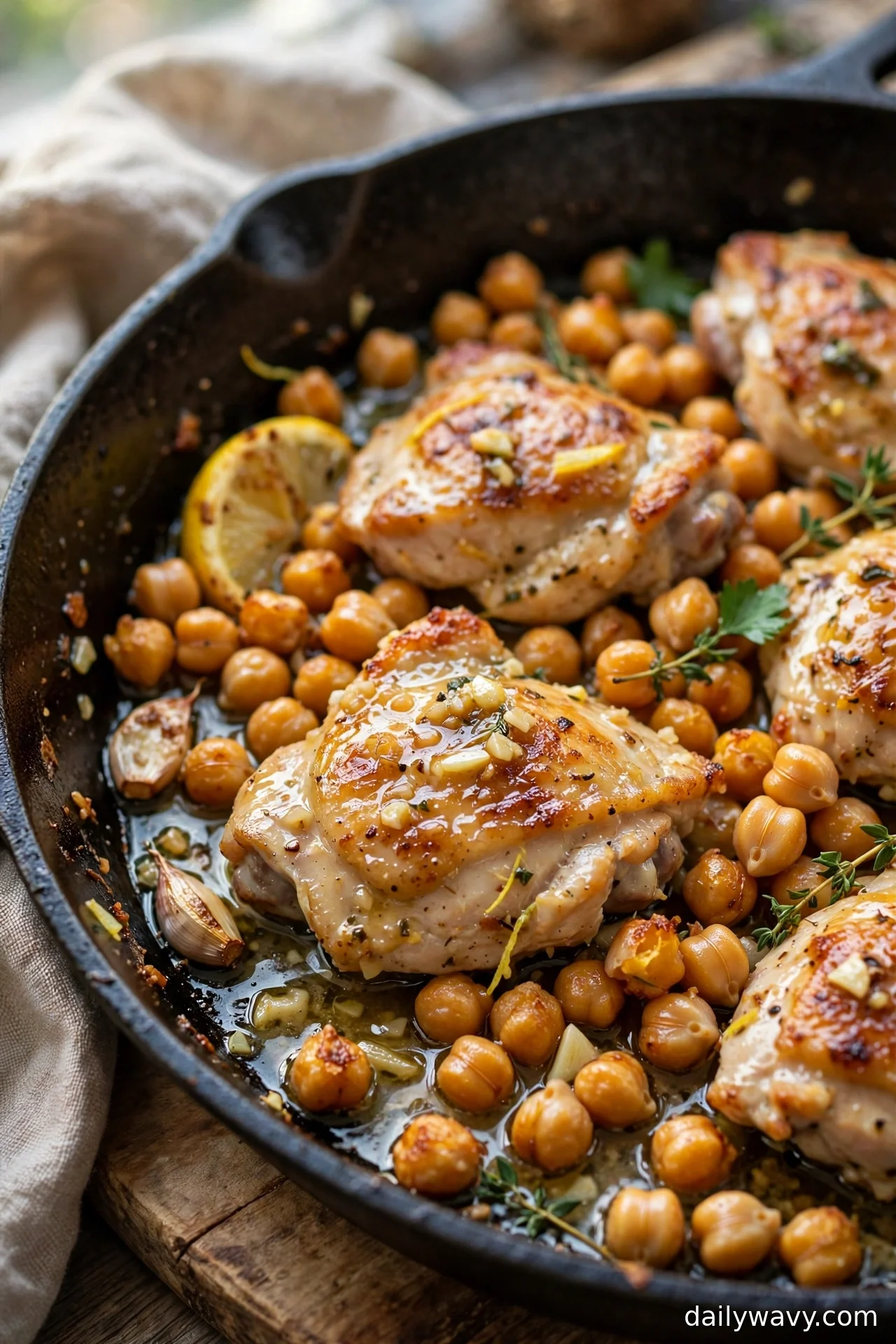 Lemon garlic chicken with crisped chickpeas in a skillet with lemon