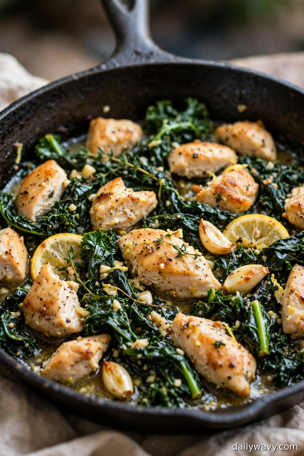 Lemon garlic chicken with silky kale in a skillet with lemon slices