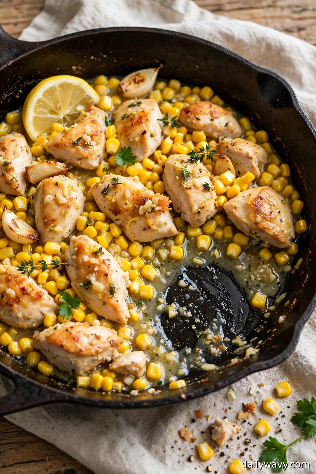 Lemon garlic chicken with sweet corn kernels in a skillet with lemon