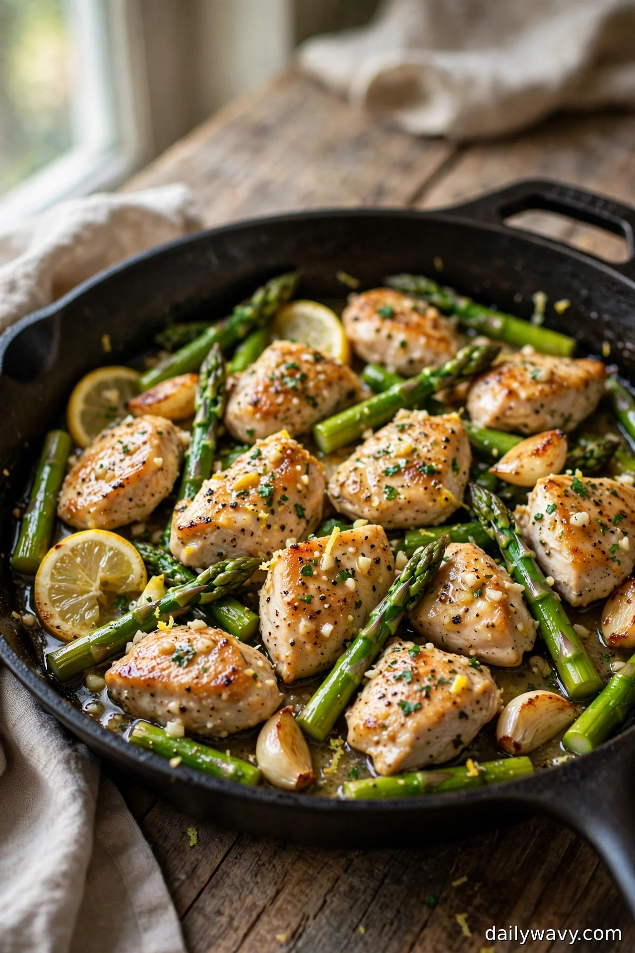 Lemon garlic chicken with asparagus spears in a skillet with lemon slices