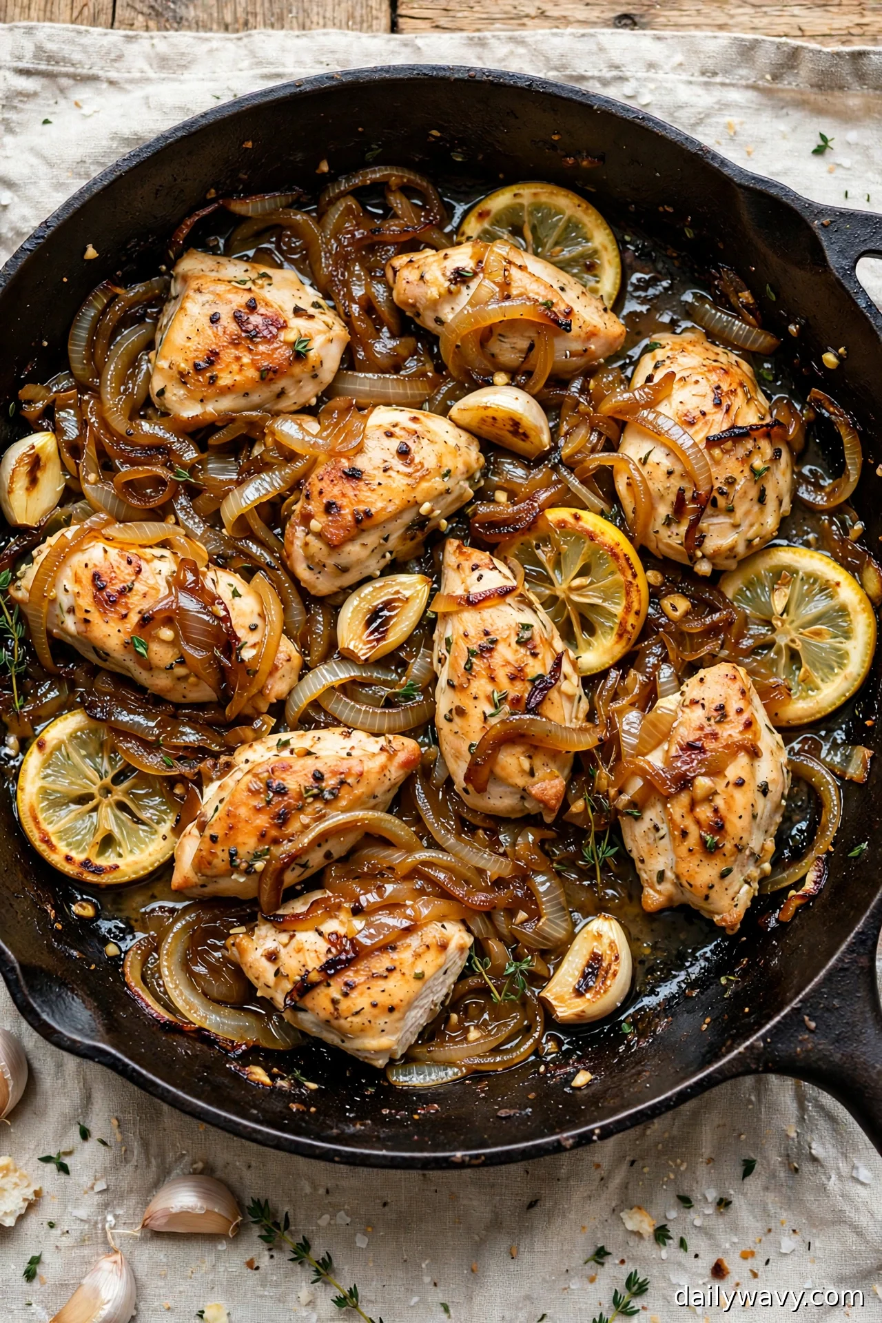 Overhead view of lemon garlic chicken with deeply caramelized onions