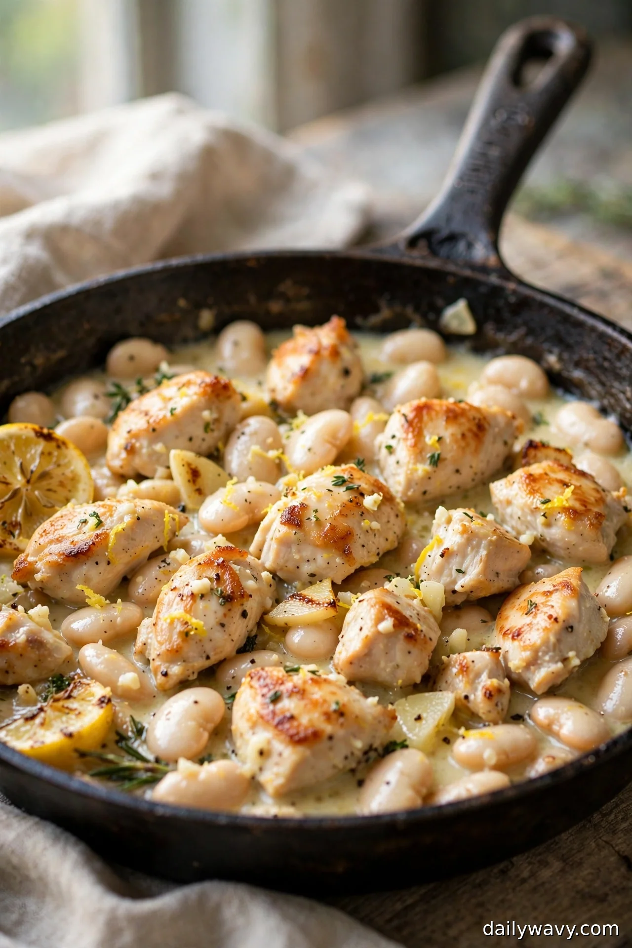 Lemon garlic chicken with creamy butter beans in a skillet with lemon