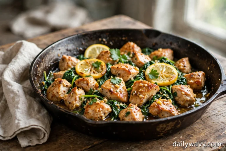 Lemon garlic chicken skillet with spinach, lemon slices and parsley in a cast iron pan