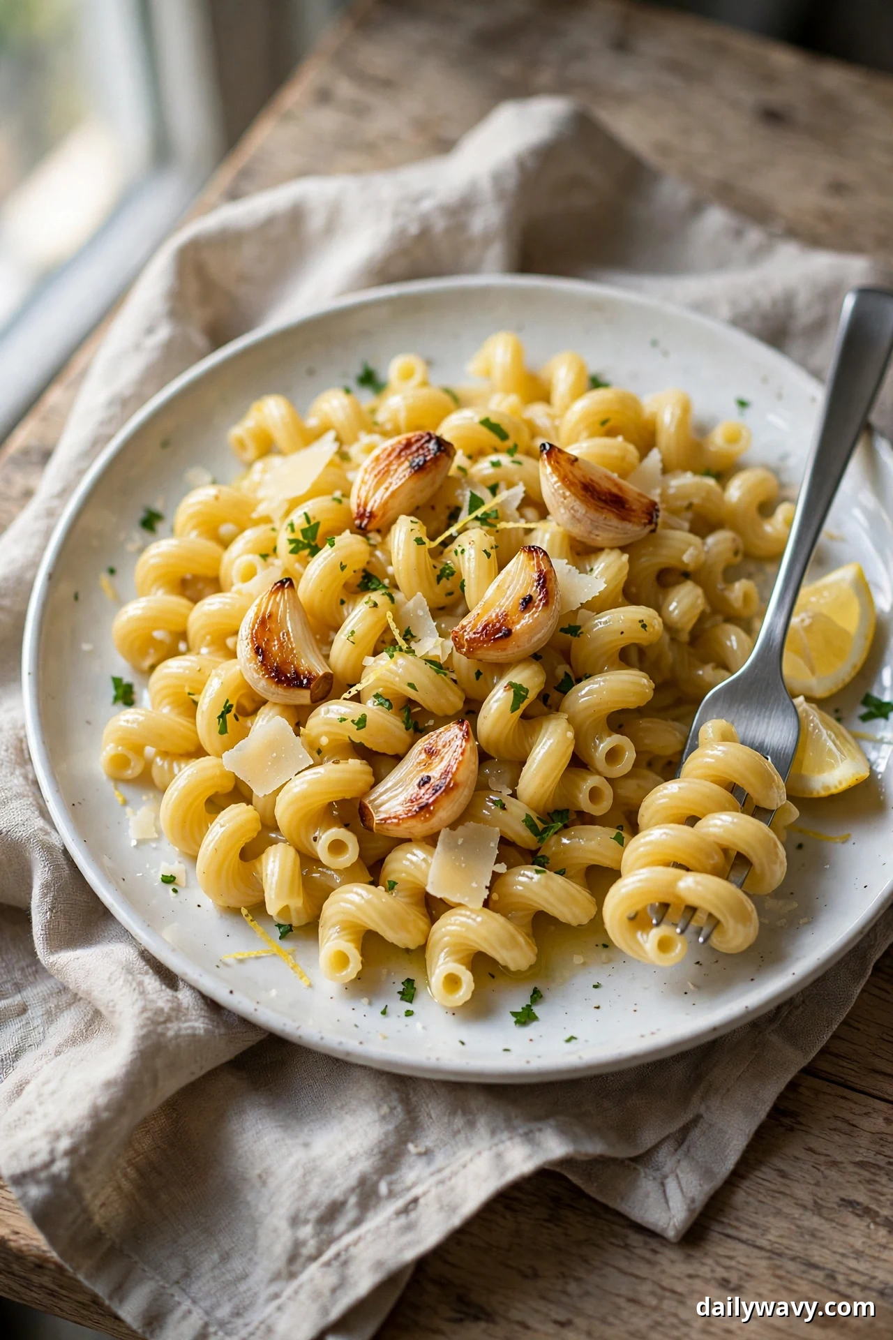 A white plate of lemon garlic cavatappi holds whole roasted garlic cloves, Parmesan shavings, chopped parsley, and lemon wedges while a fork twirls a bite at the side