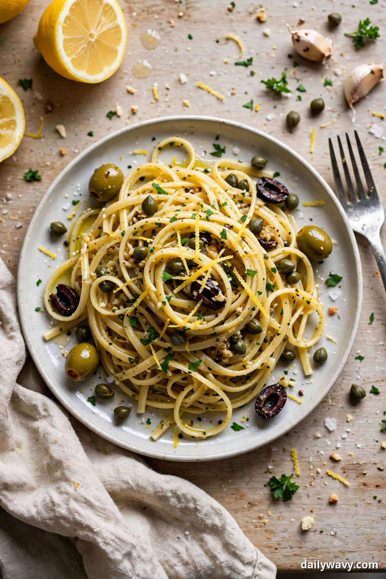 An overhead view shows lemon garlic linguine tossed with green and Kalamata olives, capers, lemon zest, and chopped parsley on a plate