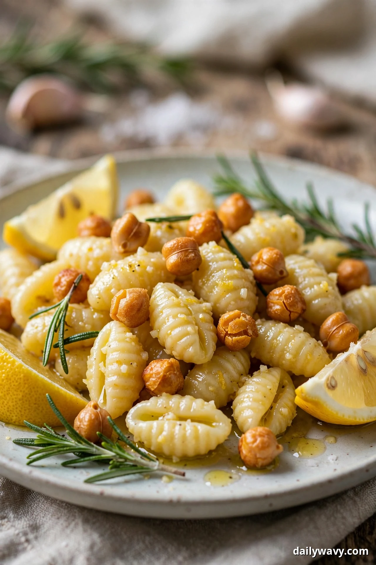 A plate of lemon garlic gnocchetti holds crisped chickpeas, fresh rosemary sprigs, and lemon wedges