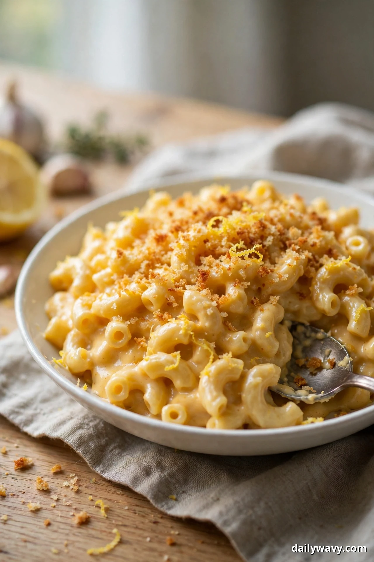 A bowl of creamy lemon garlic elbow macaroni and cheddar holds toasted breadcrumbs and lemon zest while a spoon scoops a portion from the side