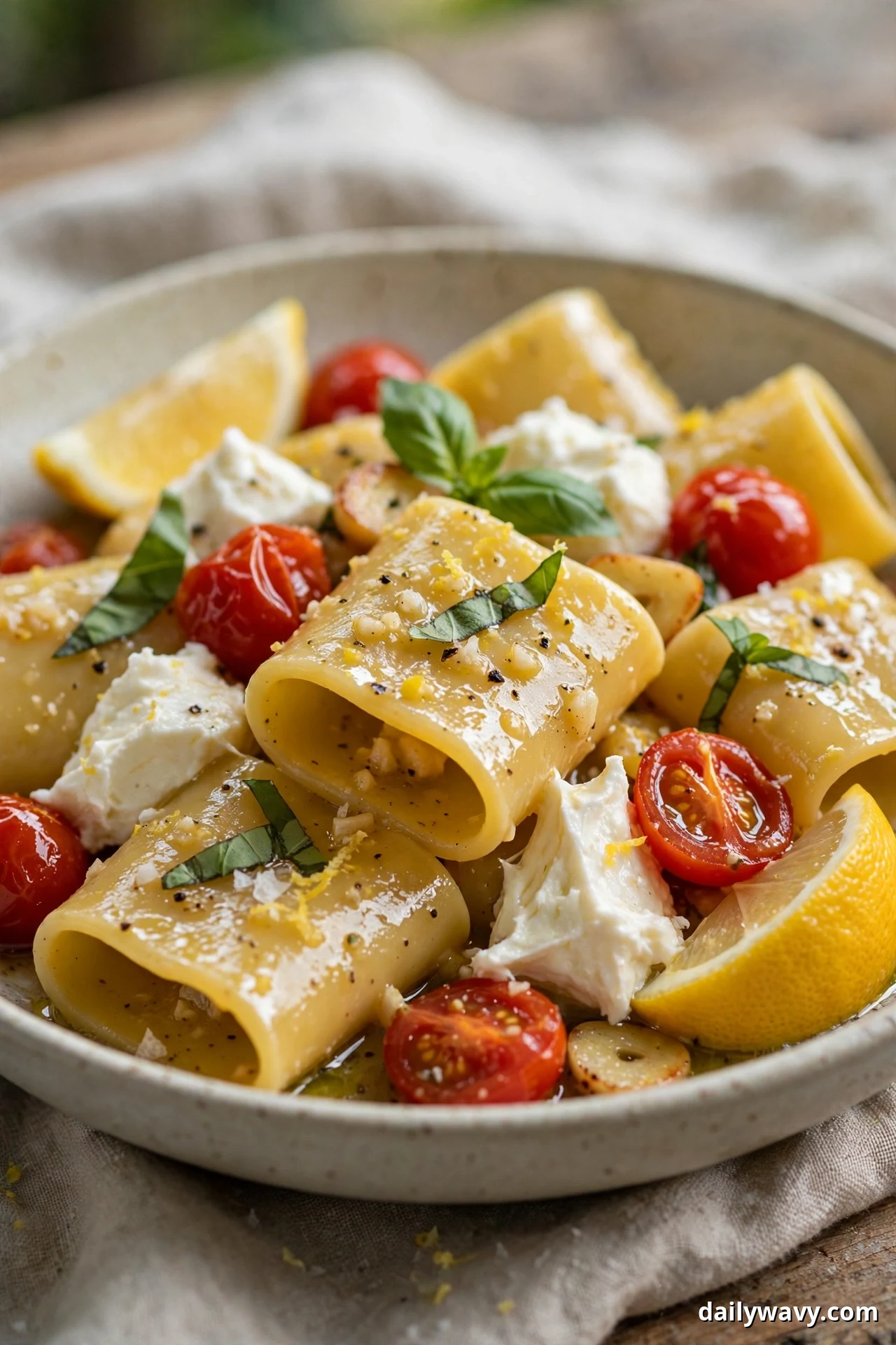 A bowl of lemon garlic paccheri tubes holds torn fresh mozzarella, cherry tomatoes, basil leaves, and lemon wedges