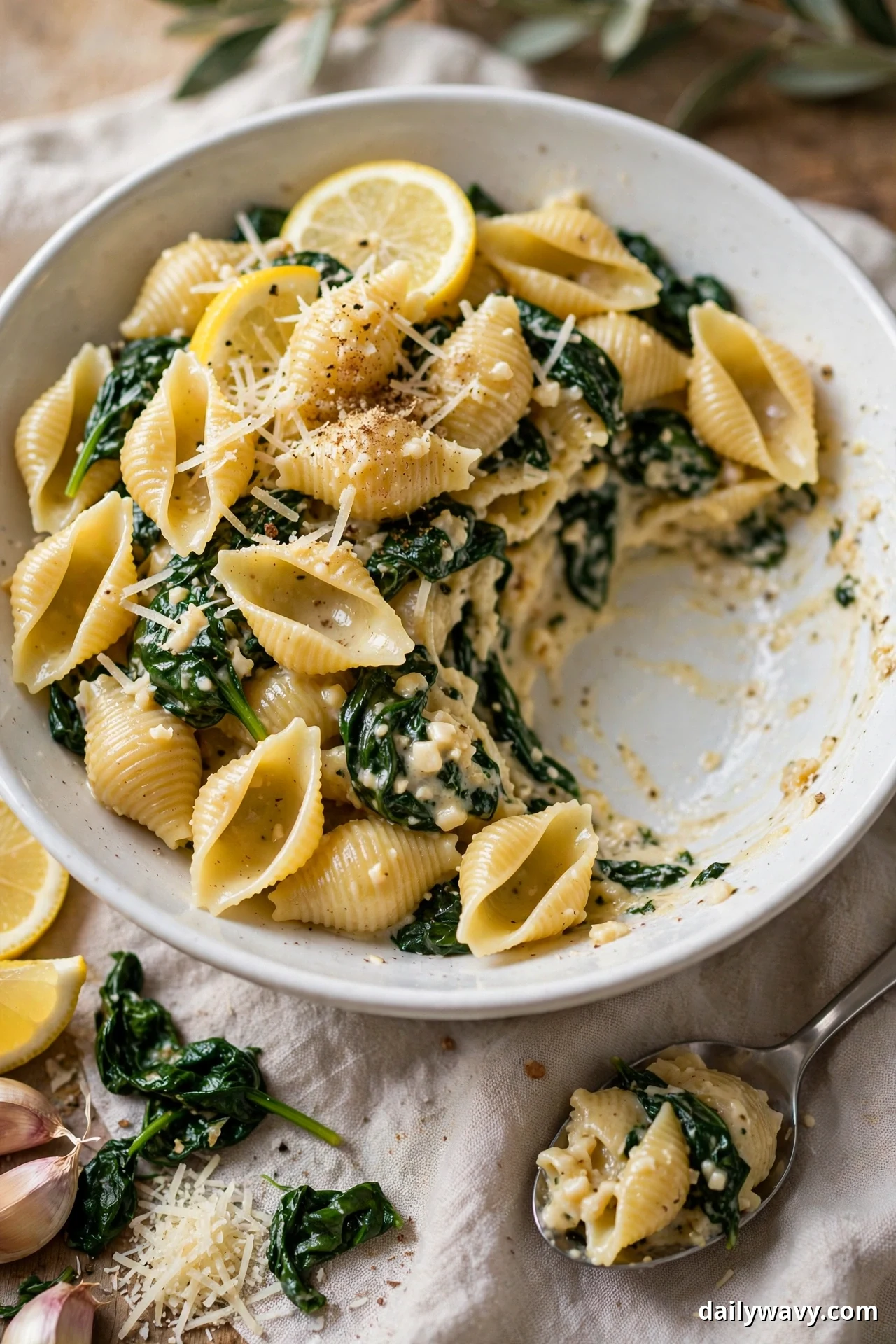 A bowl of medium conchiglie shells holds wilted spinach, lemon slices, and grated Parmesan with one serving removed and a spoon holding a scoop beside the bowl
