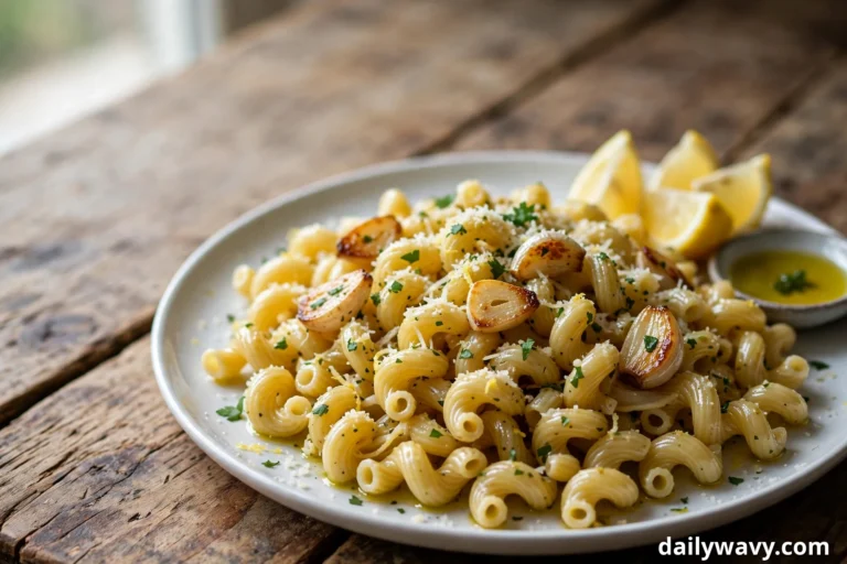 A wide plate of lemon garlic cavatappi holds whole roasted garlic cloves, grated Parmesan, chopped parsley, and lemon wedges beside a small dish of olive oil on a wooden table